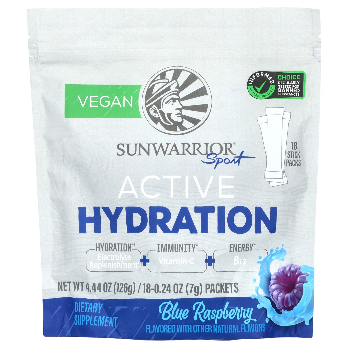 Sunwarrior, Sport, Active Hydration, Blue Raspberry , 18 Packets, 0.24 oz (7 g) Each - Image 1
