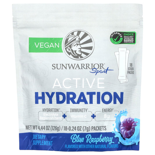 Sunwarrior, Sport, Active Hydration, Blue Raspberry , 18 Packets, 0.24 oz (7 g) Each - Image 1