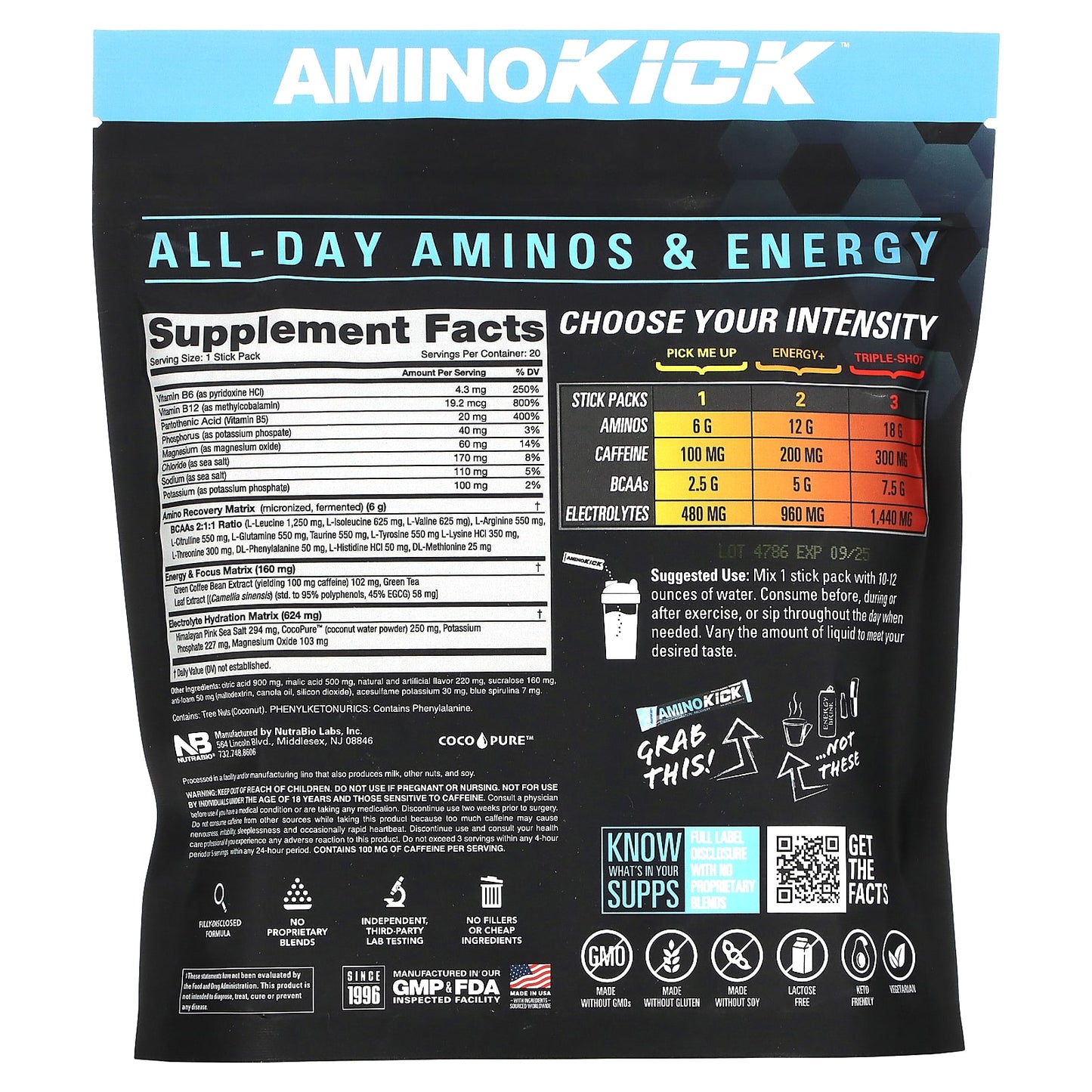 NutraBio, Amino Kick, Blue Raspberry, 20 Stick Packs, 0.32 oz (9 g) Each - Image 2