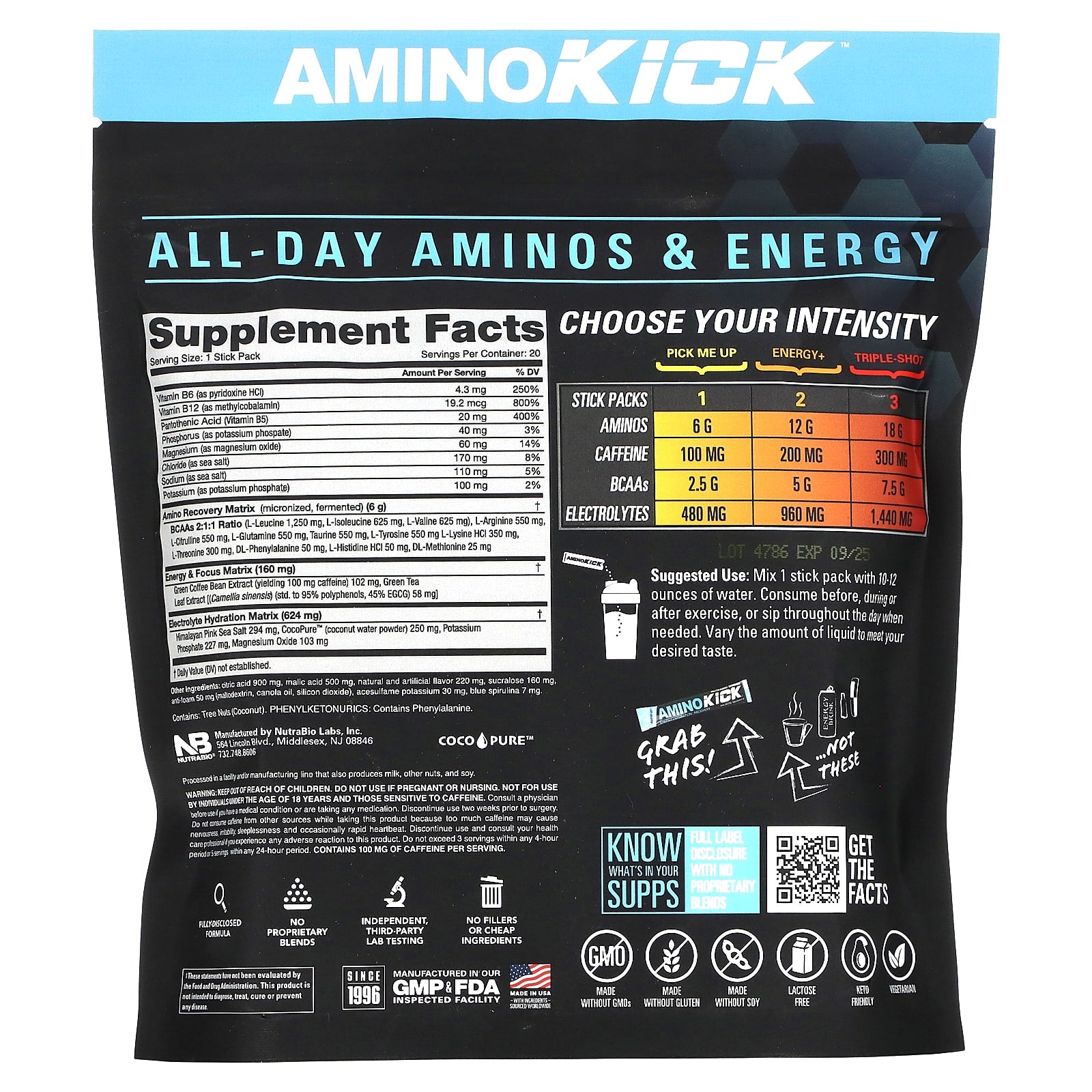 NutraBio, Amino Kick, Blue Raspberry, 20 Stick Packs, 0.32 oz (9 g) Each - Image 2