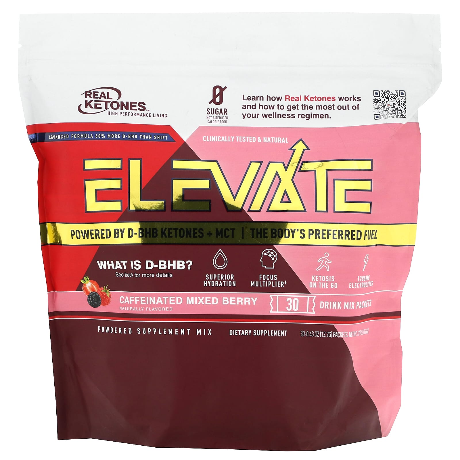 Real Ketones, Elevate, Caffeinated Mixed Berry, 30 Drink Mix Packets,  0.43 oz (12.2 g) Each - Image 1