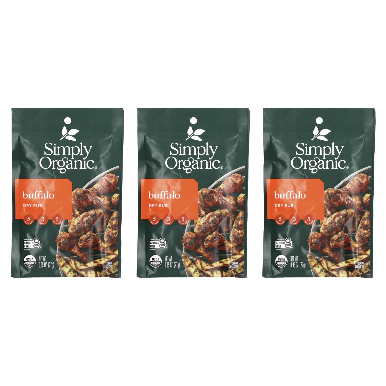 Simply Organic, Buffalo Dry Rub Mix, 3 Packets, 0.95 oz (27 g) Each - Image 1