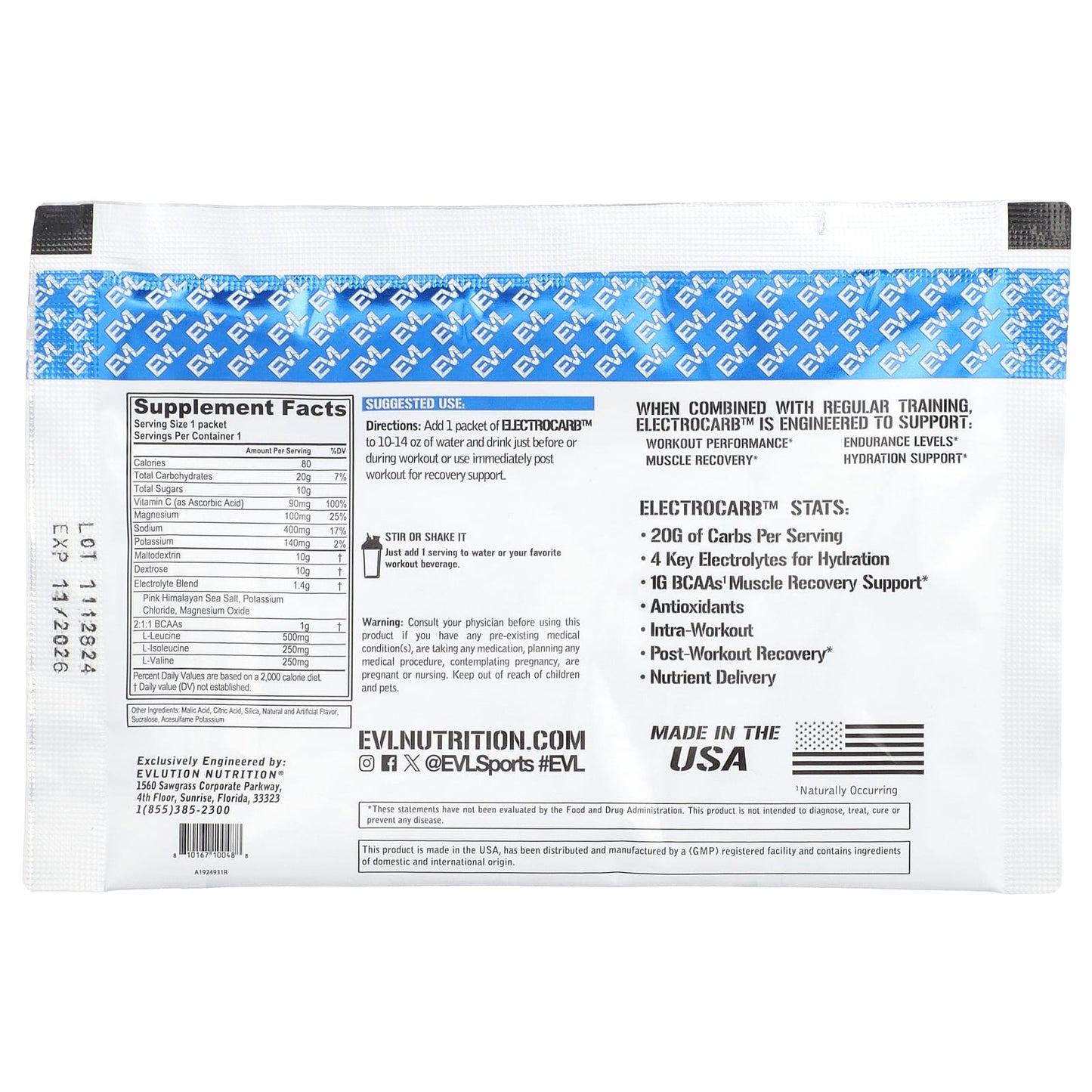 EVLution Nutrition ElectroCarb Blue Raspberry, 30g Workout Supplement - Image 2