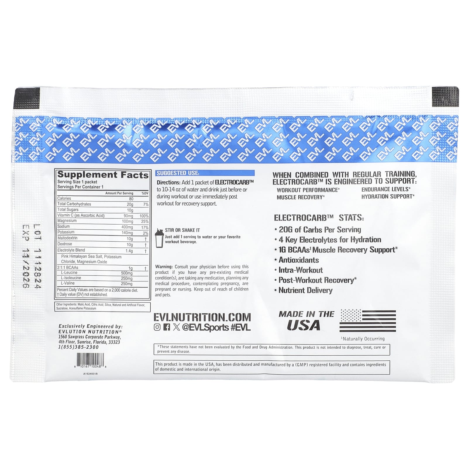 EVLution Nutrition ElectroCarb Blue Raspberry, 30g Workout Supplement - Image 2