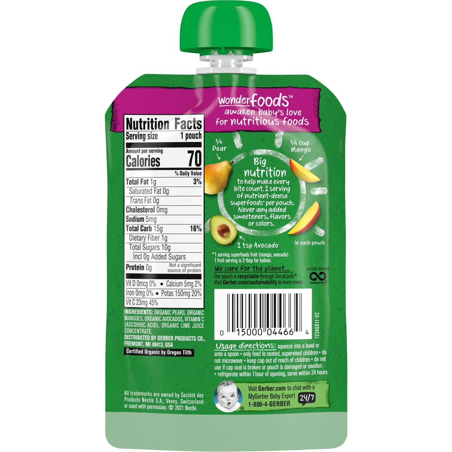 Gerber Organic 2nd Foods, Pouches, Pear, Mango & Avocado - 3.5 oz (99g) - Image 2