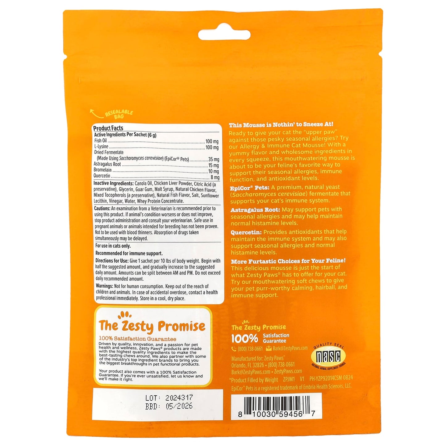 Zesty Paws, Allergy & Immune Cat Mousse, For Cats, All Ages, Chicken, 14 Sachets 0.2 oz (6 g) Each - Image 2