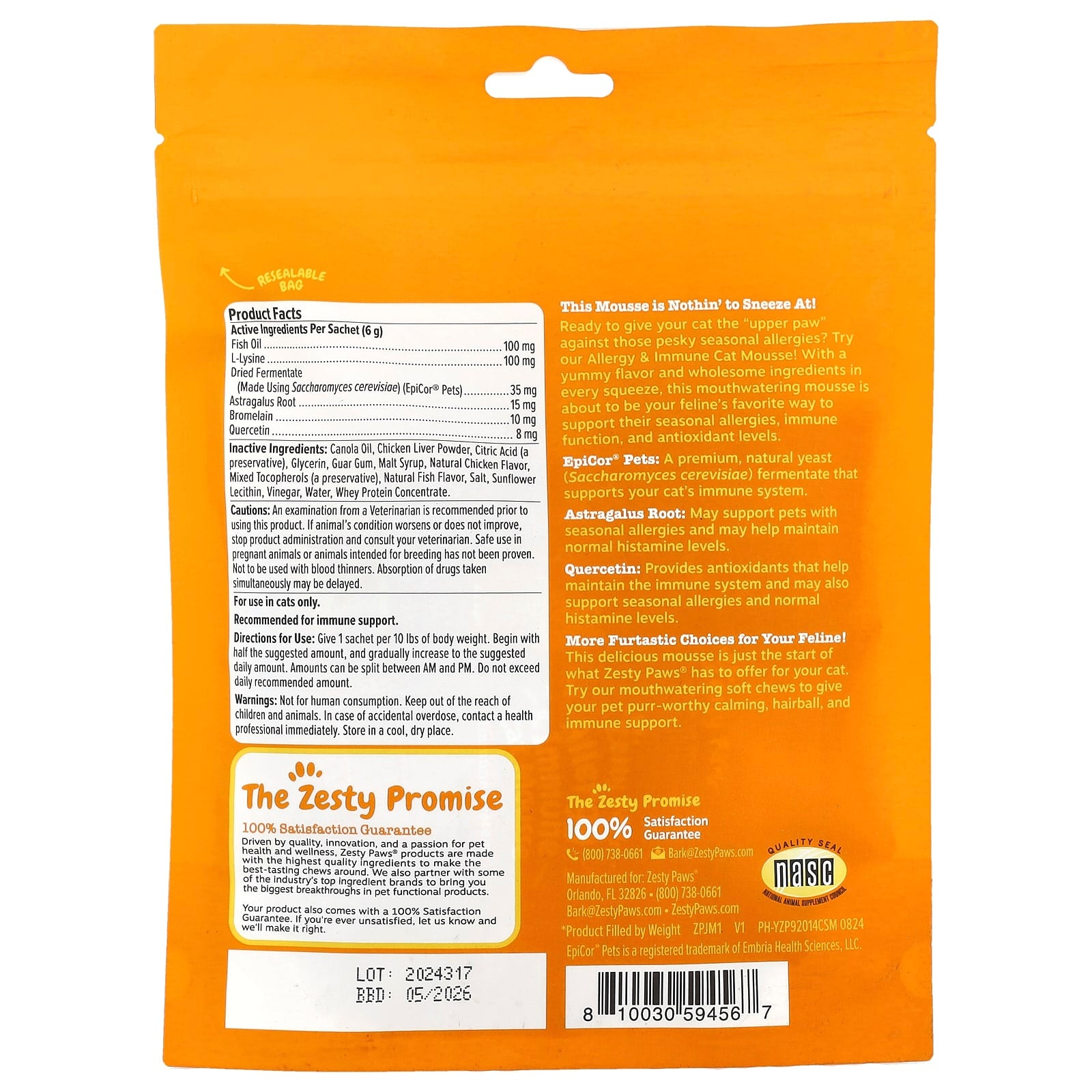 Zesty Paws, Allergy & Immune Cat Mousse, For Cats, All Ages, Chicken, 14 Sachets 0.2 oz (6 g) Each - Image 2