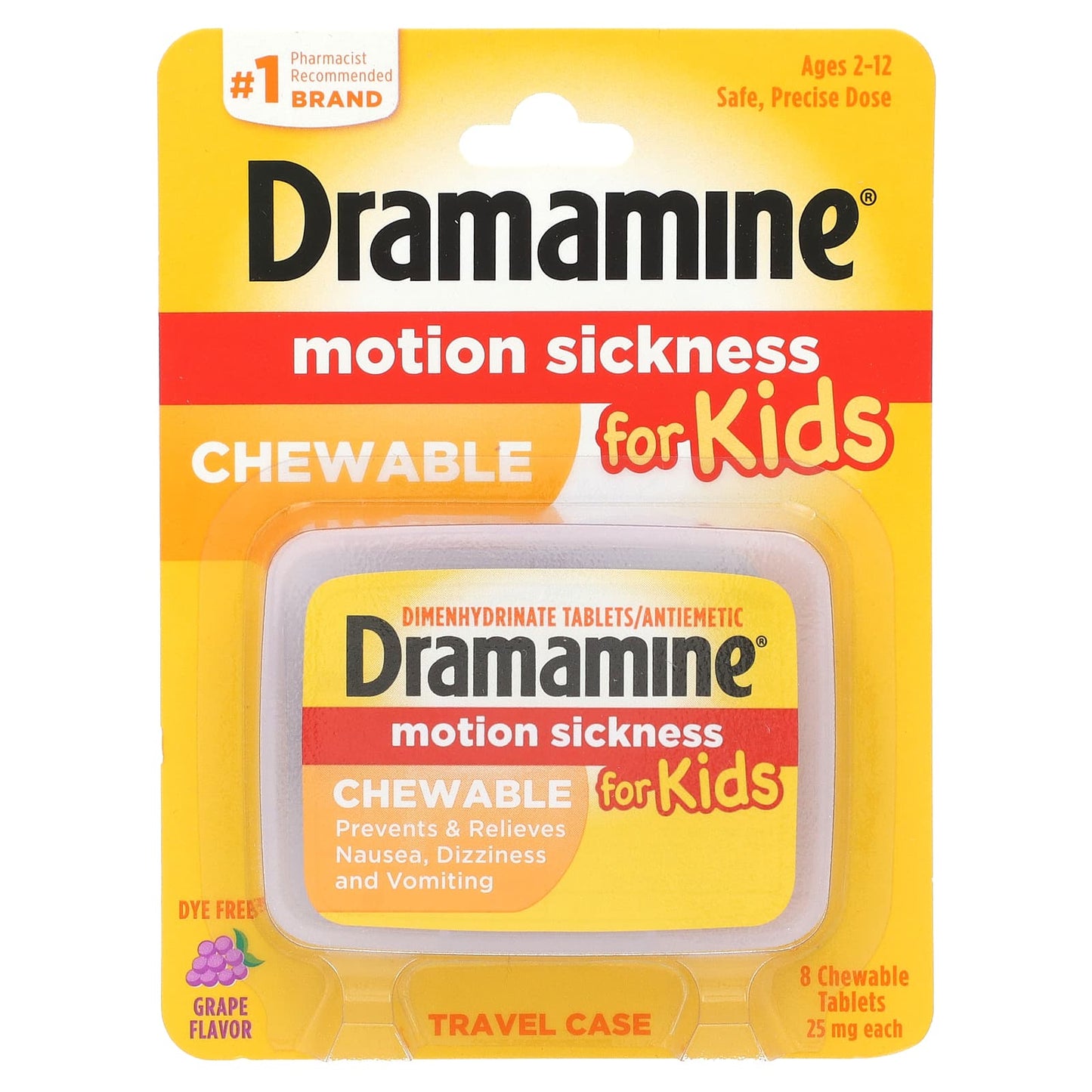 Dramamine Motion Sickness Relief for Kids (2-12 Years) - Grape Flavor, 25mg, 8 Tablets - Image 1