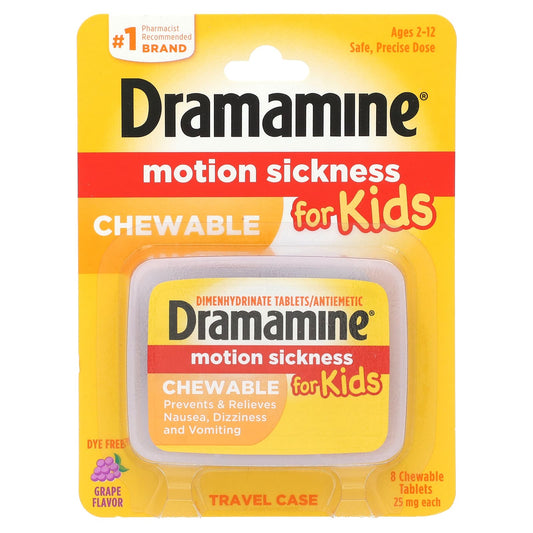 Dramamine Motion Sickness Relief for Kids (2-12 Years) - Grape Flavor, 25mg, 8 Tablets - Image 1
