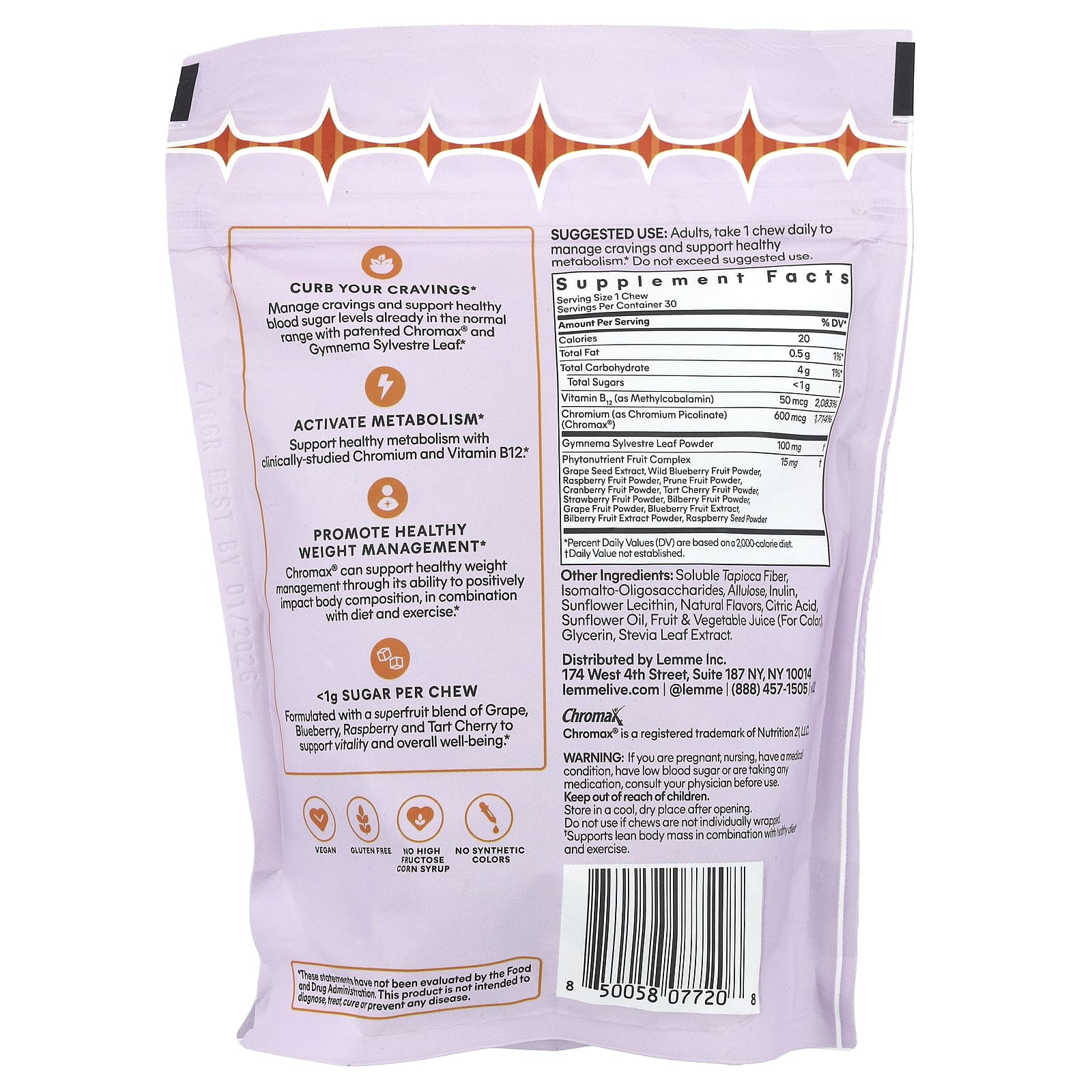 Lemme, Curb, Cravings & Lean Body Mass Support Soft Chews, Mixed Fruit, 30 Individually Wrapped Chews