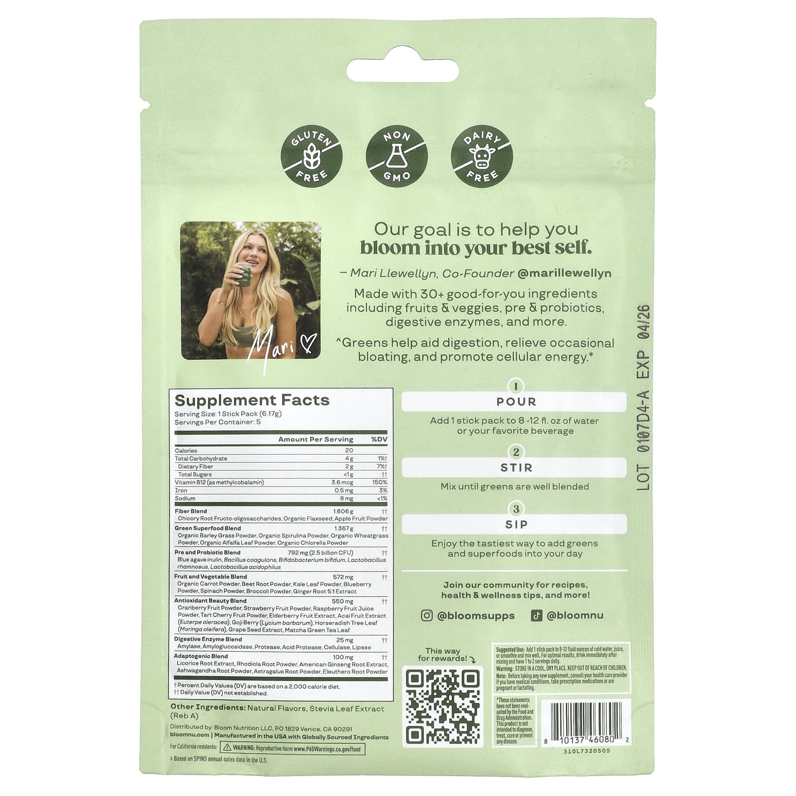 Bloom, Greens & Superfoods, Coconut, 5 Stick Packs, 0.19 oz (5.44 g) Each