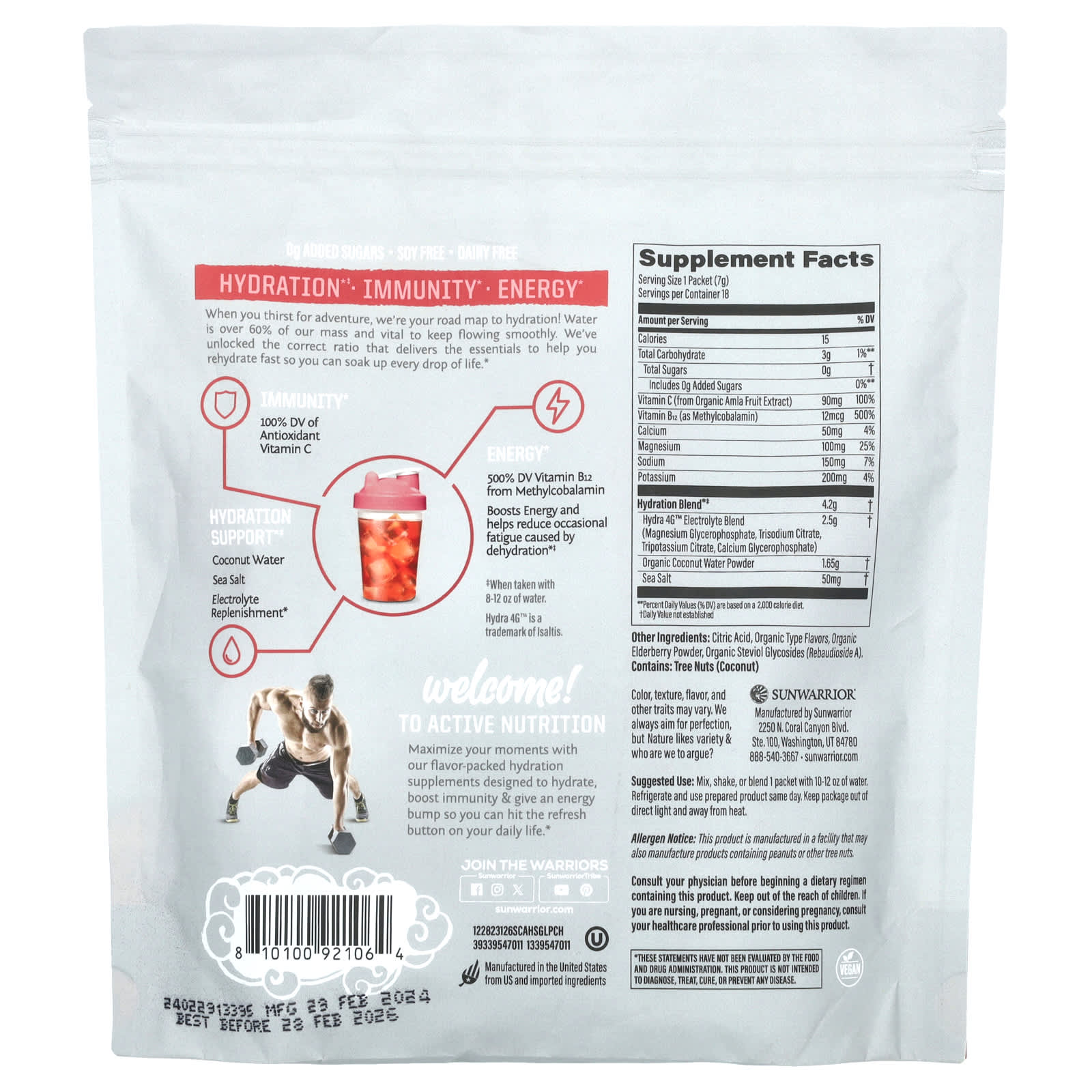 Sunwarrior, Sport, Active Hydration, Strawberry Colada, 18 Packets, 0.24 oz (7 g) Each - Image 2