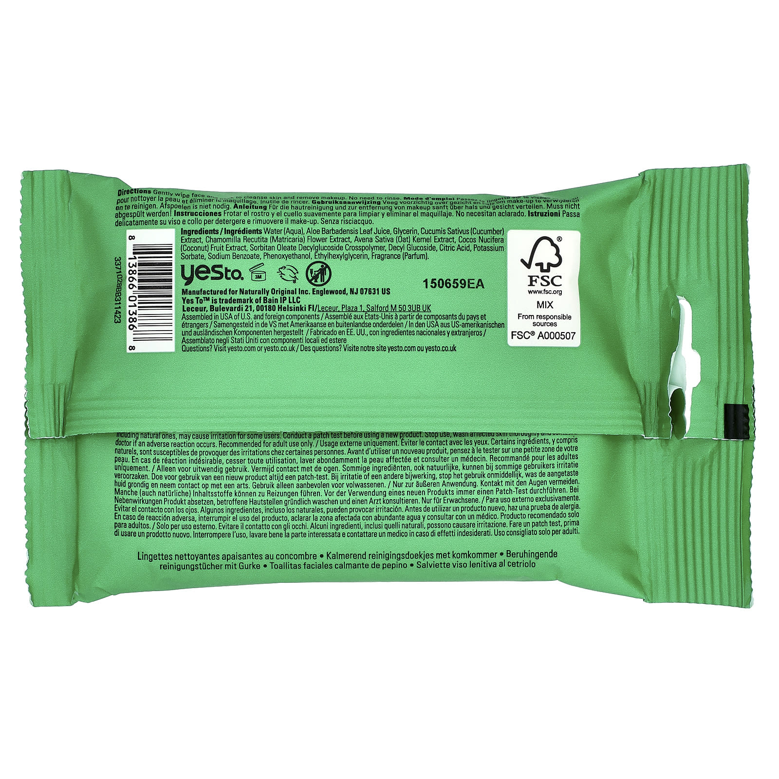 Yes To, Calming Facial Wipes, Sensitive Skin, Cucumbers , 10 Wipes - Image 2