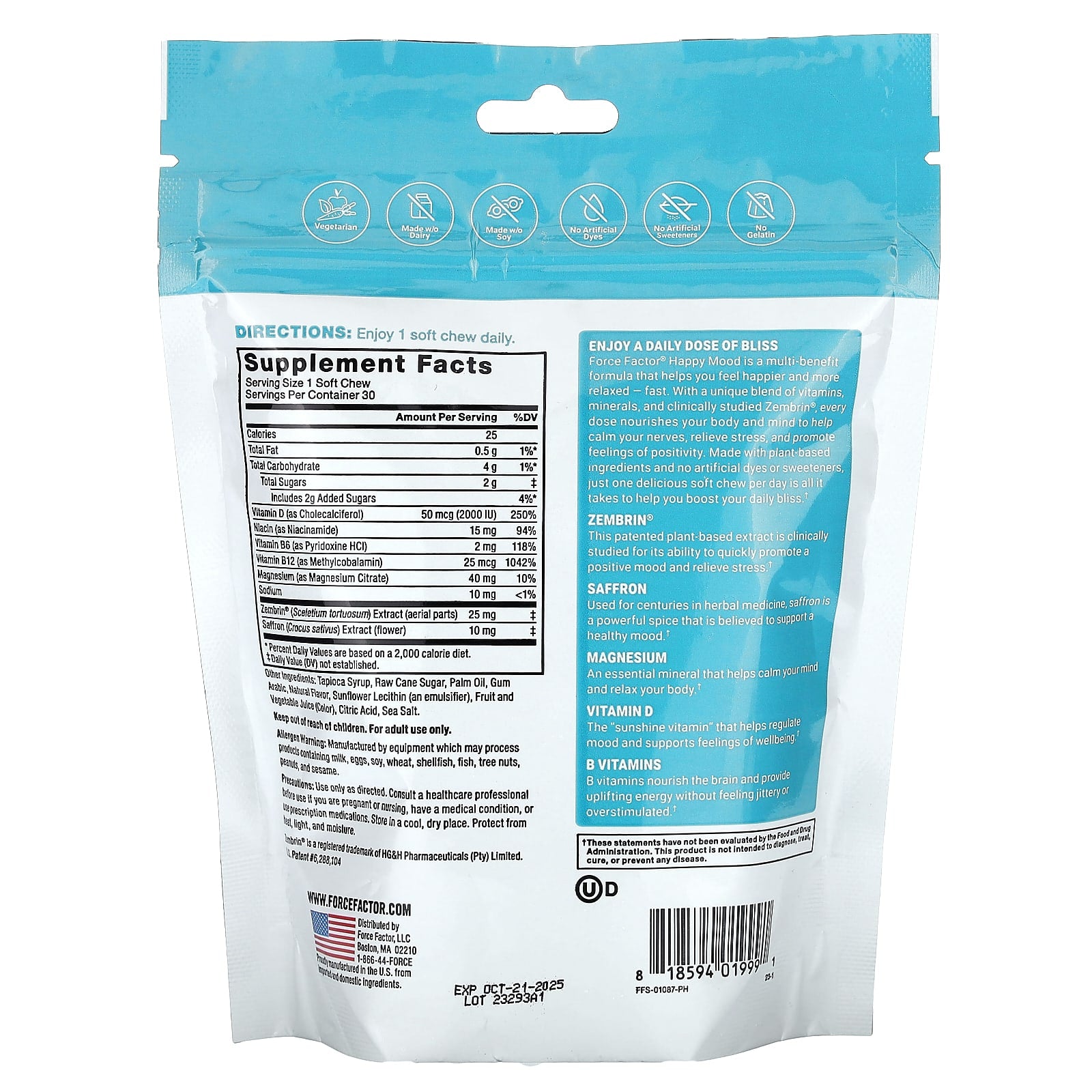 Force Factor Happy Mood Tropical Fruit Soft Chews for Stress Relief - Image 2