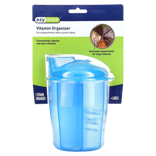 Blue Vitamin Organizer Ezy Dose with Labels, 6-Compartment Storage - Image 1