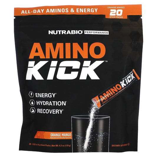 NutraBio, Amino Kick, Orange Mango, 20 Stick Packs, 0.32 oz (9 g) Each - Image 1
