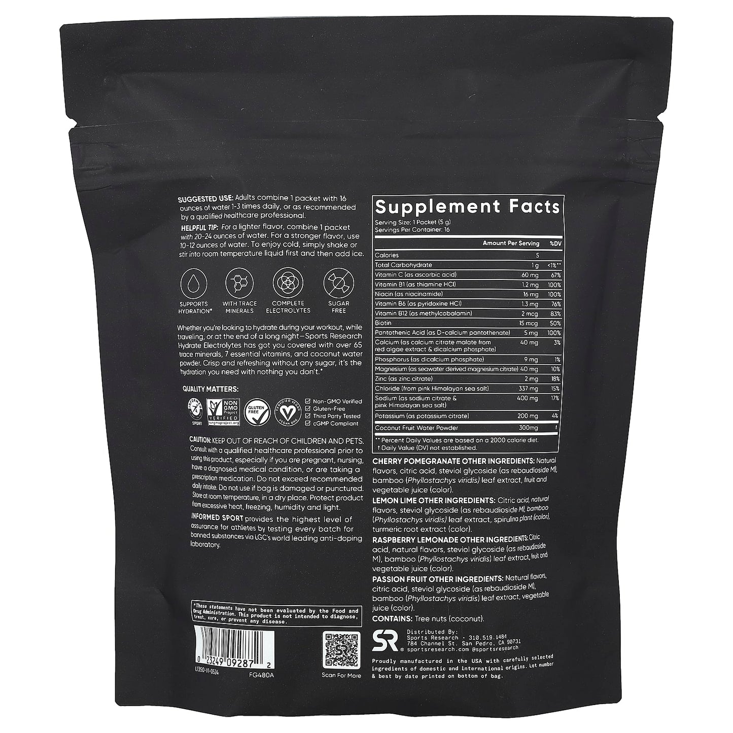 Sports Research, Hydrate Electrolytes, Variety Pack, 16 Packets, 0.18 oz (5 g) Each - Image 2