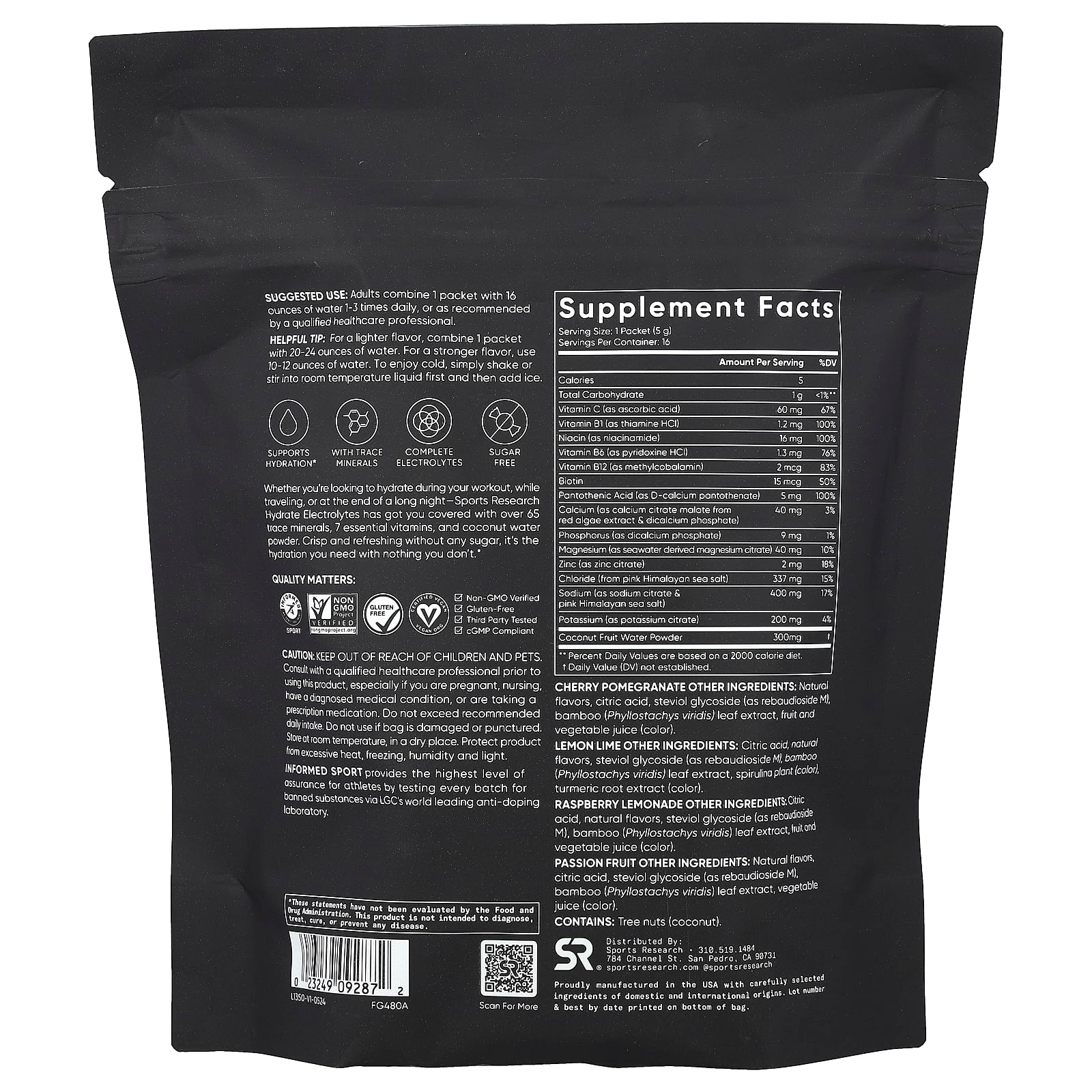 Sports Research, Hydrate Electrolytes, Variety Pack, 16 Packets, 0.18 oz (5 g) Each - Image 2