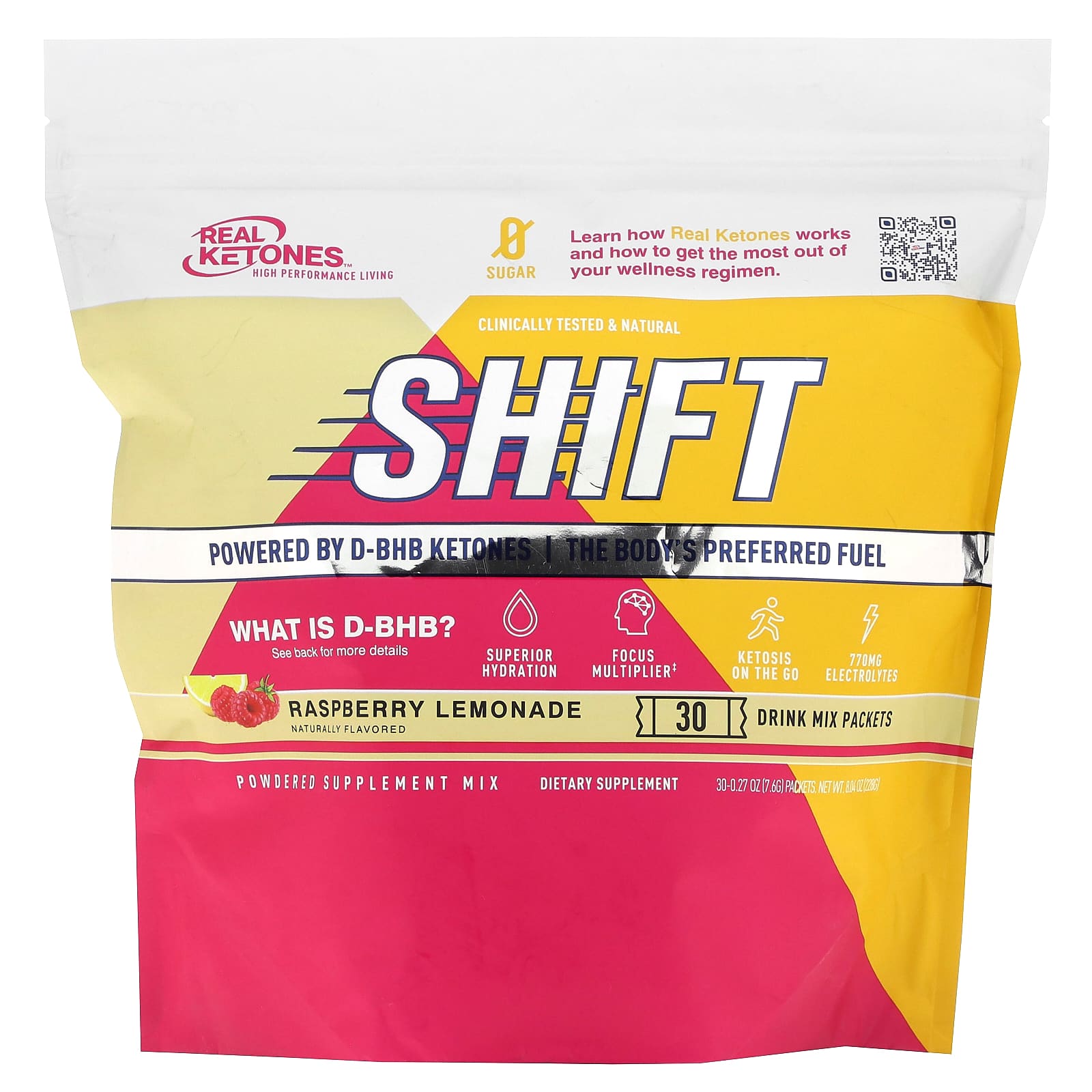 Real Ketones, Shift, Raspberry Lemonade, 30 Drink Mix Packets, 0.27 oz (7.6 g) Each - Image 1