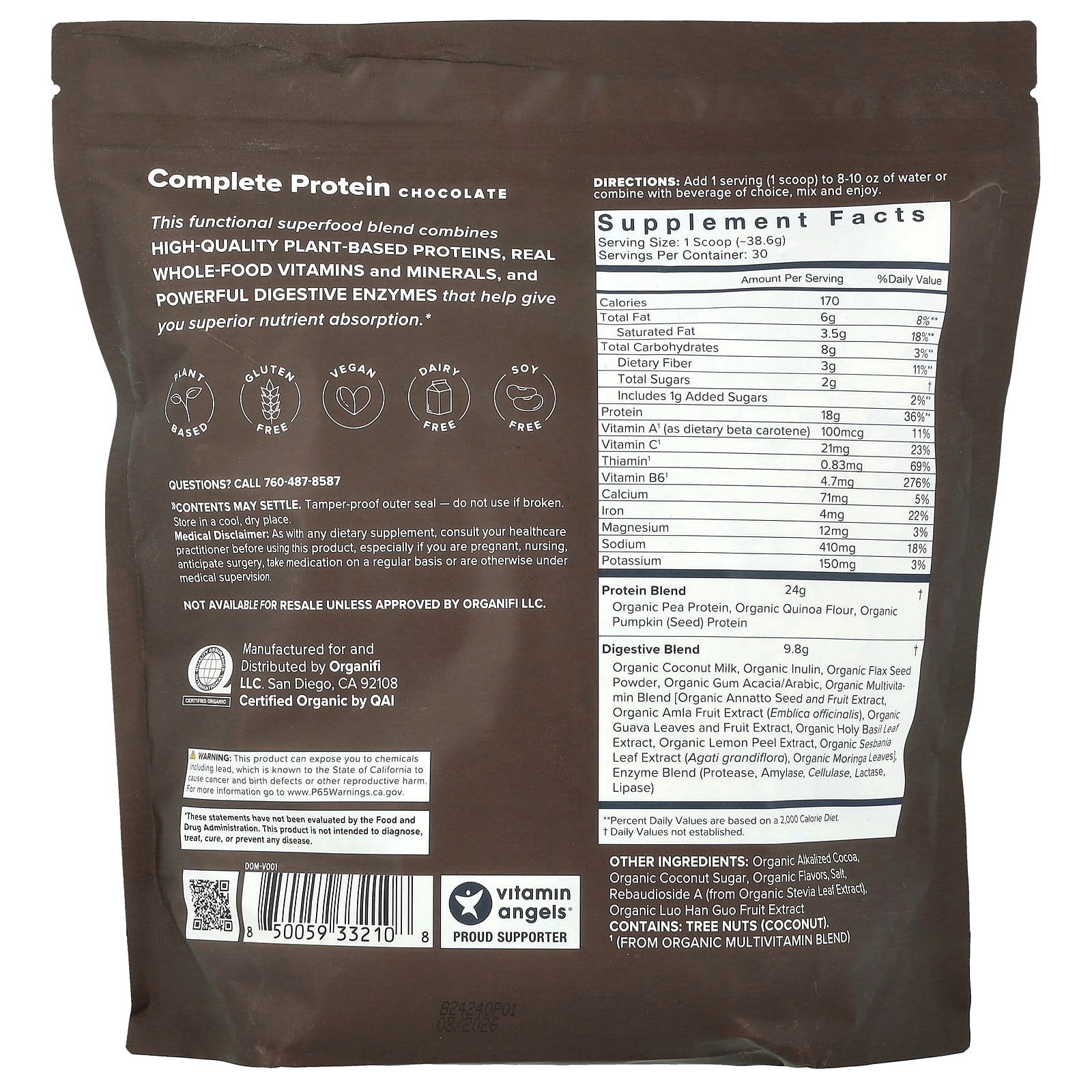 Organifi, Plant Based Complete Protein, Chocolate, 2 lbs (8.85 oz)