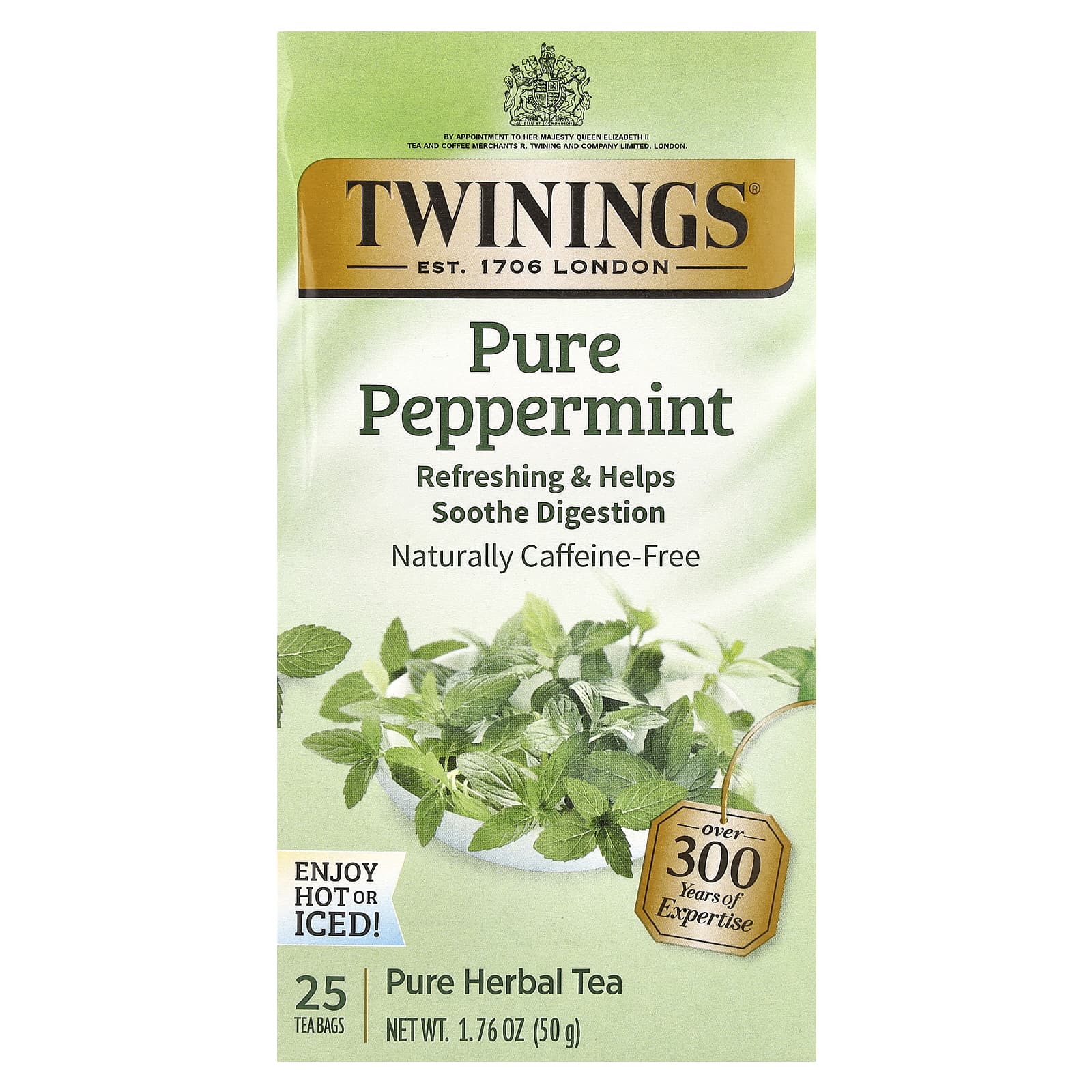 Twinings, Pure Herbal Tea, Pure Peppermint, Caffeine Free, 25 Tea Bags, 1.76 oz (50 g) - Image 1