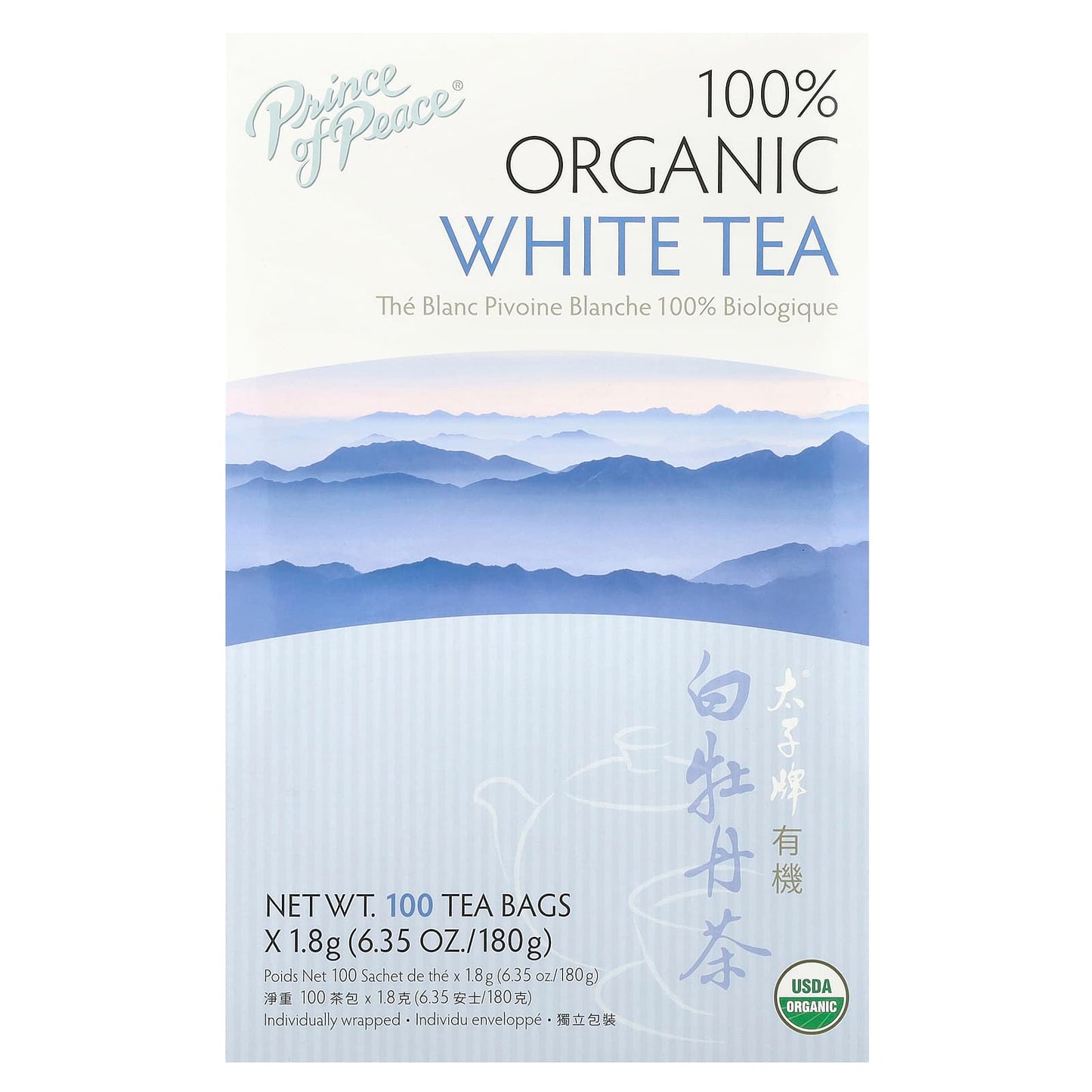Prince of Peace, 100% Organic White Tea, 100 Tea Bags, 6.35 oz (180 g) - Image 1