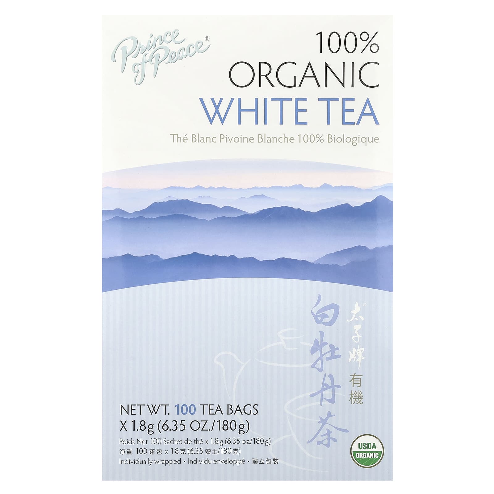 Prince of Peace, 100% Organic White Tea, 100 Tea Bags, 6.35 oz (180 g) - Image 1