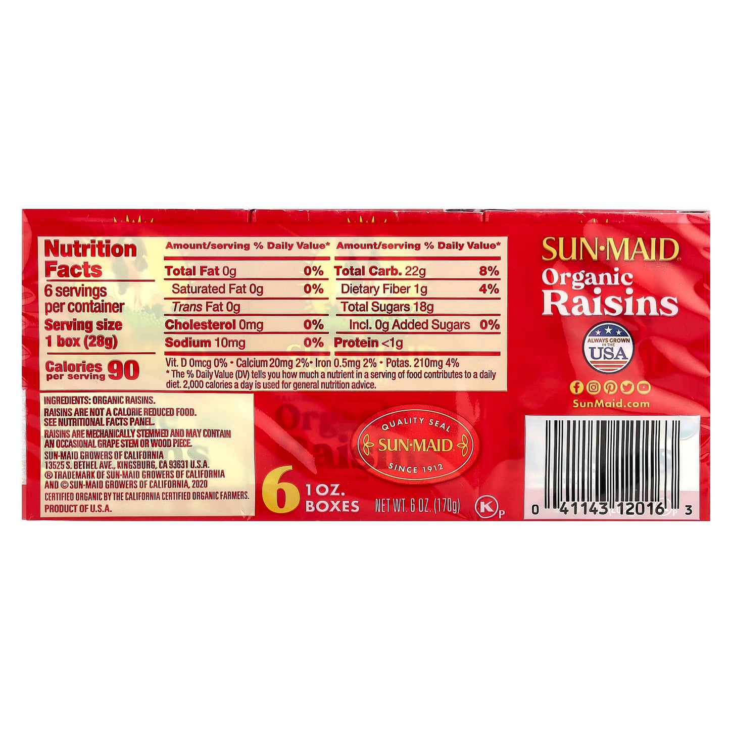 Sun-Maid, Organic California Sun-Dried Raisins, 6 Boxes, 1 oz (28.3 g) Each - Image 2