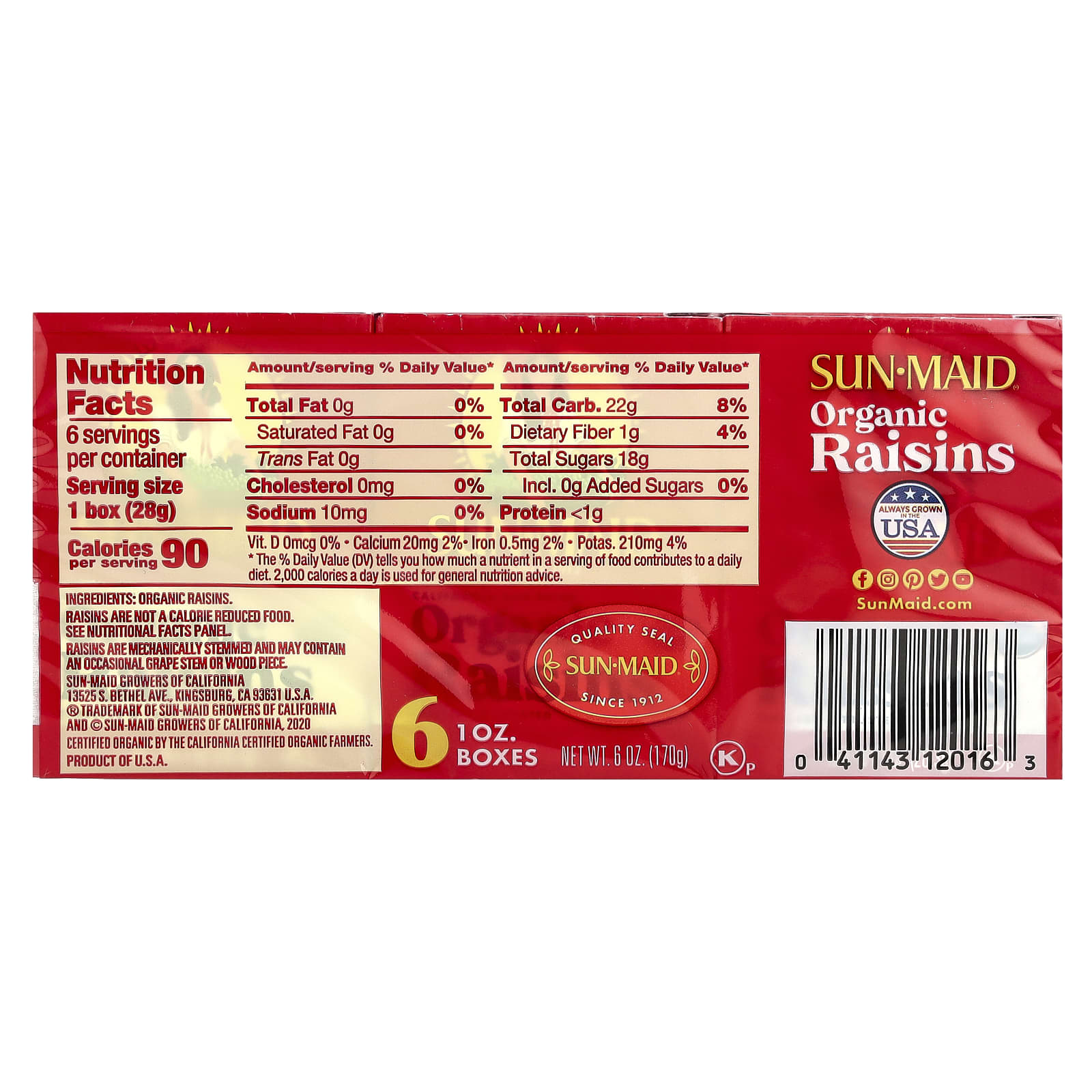 Sun-Maid, Organic California Sun-Dried Raisins, 6 Boxes, 1 oz (28.3 g) Each - Image 2