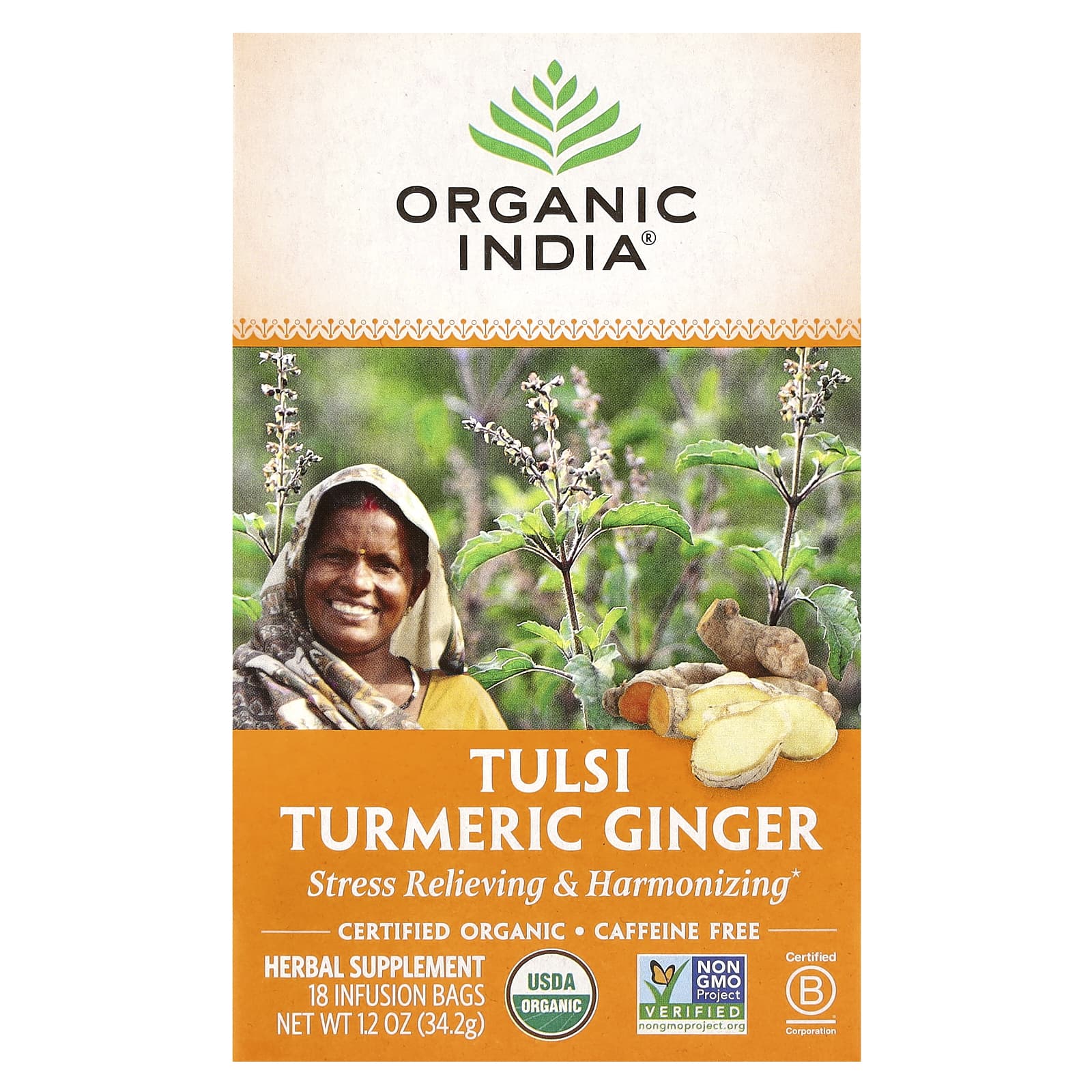 Organic India, Tulsi Tea, Turmeric Ginger, Caffeine-Free, 18 Infusion Bags, 1.2 oz (34.2 g) - Image 1
