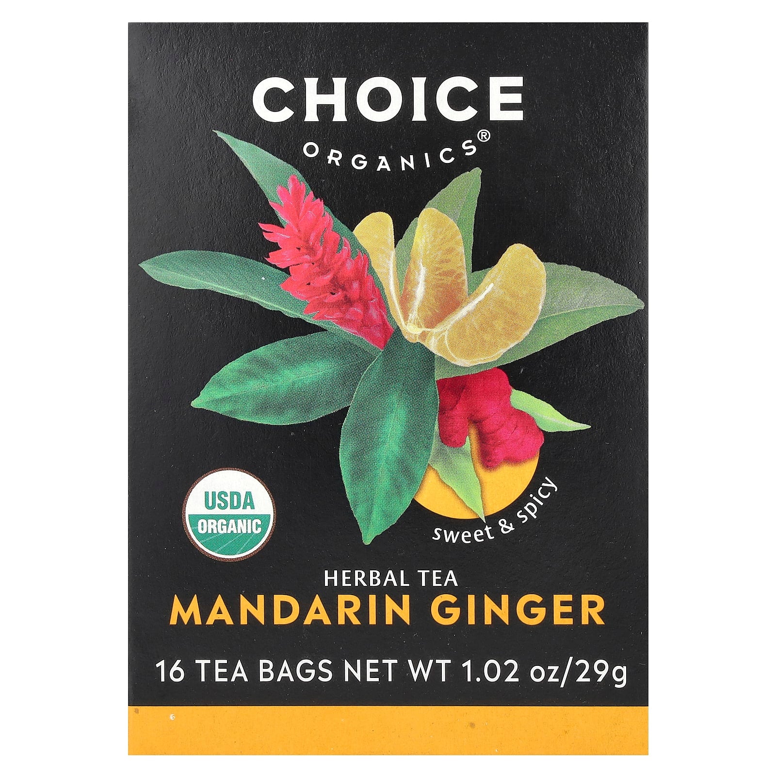 Choice Organic Teas, Herbal Tea, Mandarin Ginger, Caffeine Free, 16 Tea Bags, 1.02 oz (29 g)