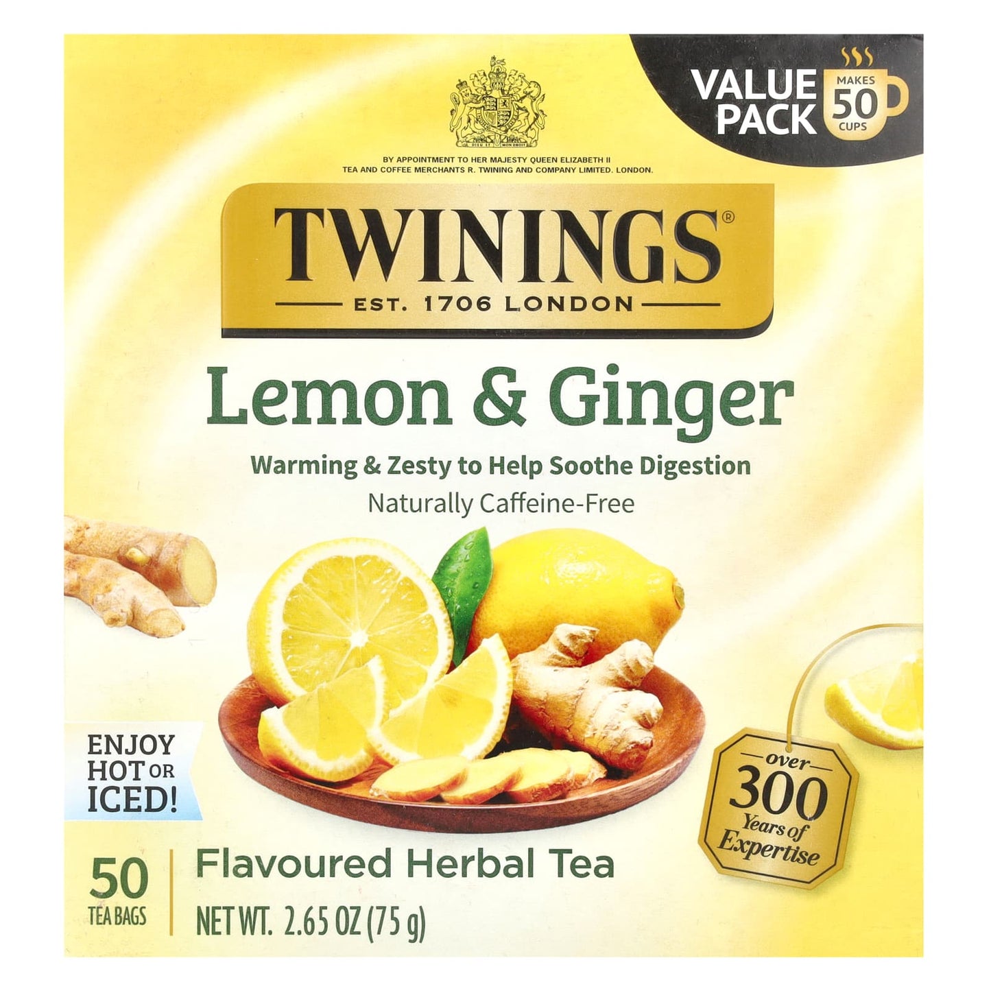 Twinings, Flavored Herbal Tea, Lemon & Ginger, Caffeine Free, 50 Tea Bags, 2.65 oz (75 g) - Image 1