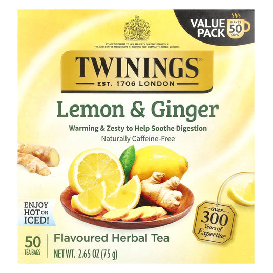 Twinings, Flavored Herbal Tea, Lemon & Ginger, Caffeine Free, 50 Tea Bags, 2.65 oz (75 g) - Image 1