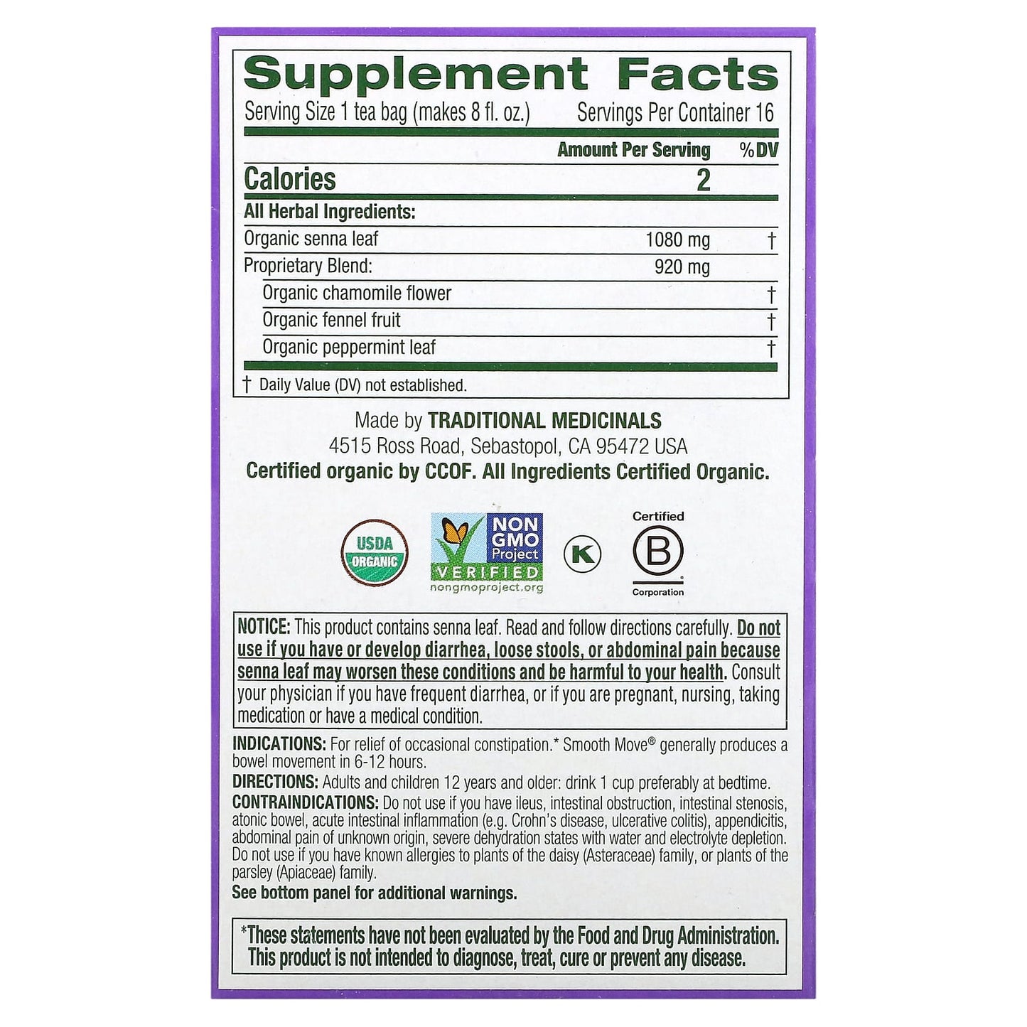 Traditional Medicinals, Organic Smooth Move®, Senna Chamomile, Caffeine Free, 16 Wrapped Tea Bags, 1.13 oz (32 g) - Image 2