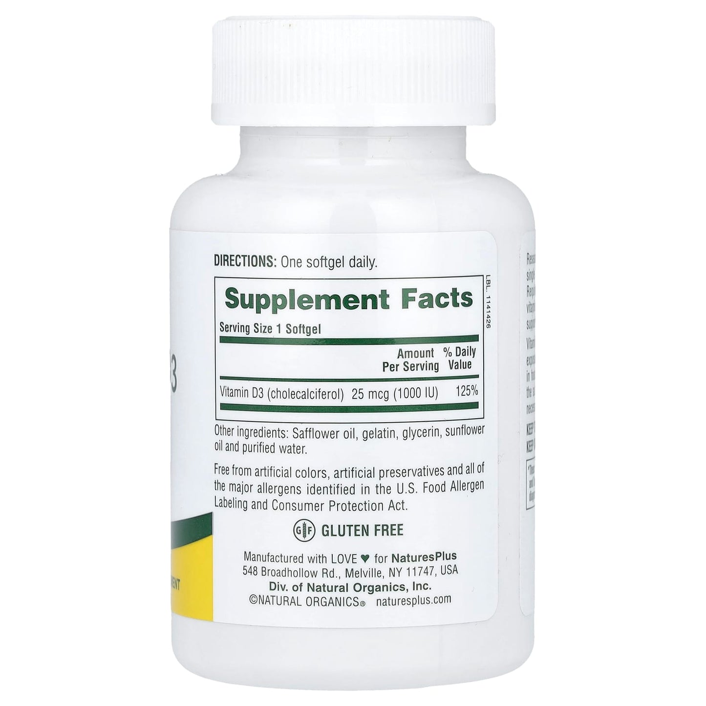 NaturesPlus, Vitamin D3, 25 mcg (1,000 IU), 180 Softgels - Image 2