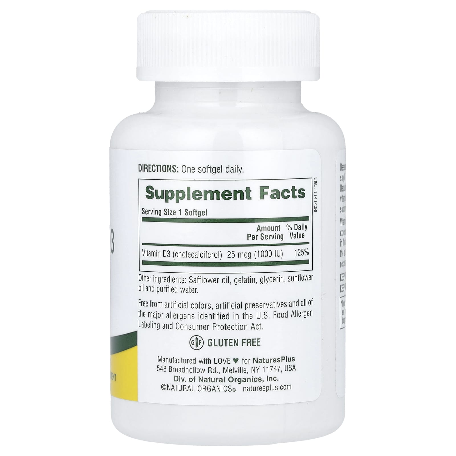 NaturesPlus, Vitamin D3, 25 mcg (1,000 IU), 180 Softgels - Image 2