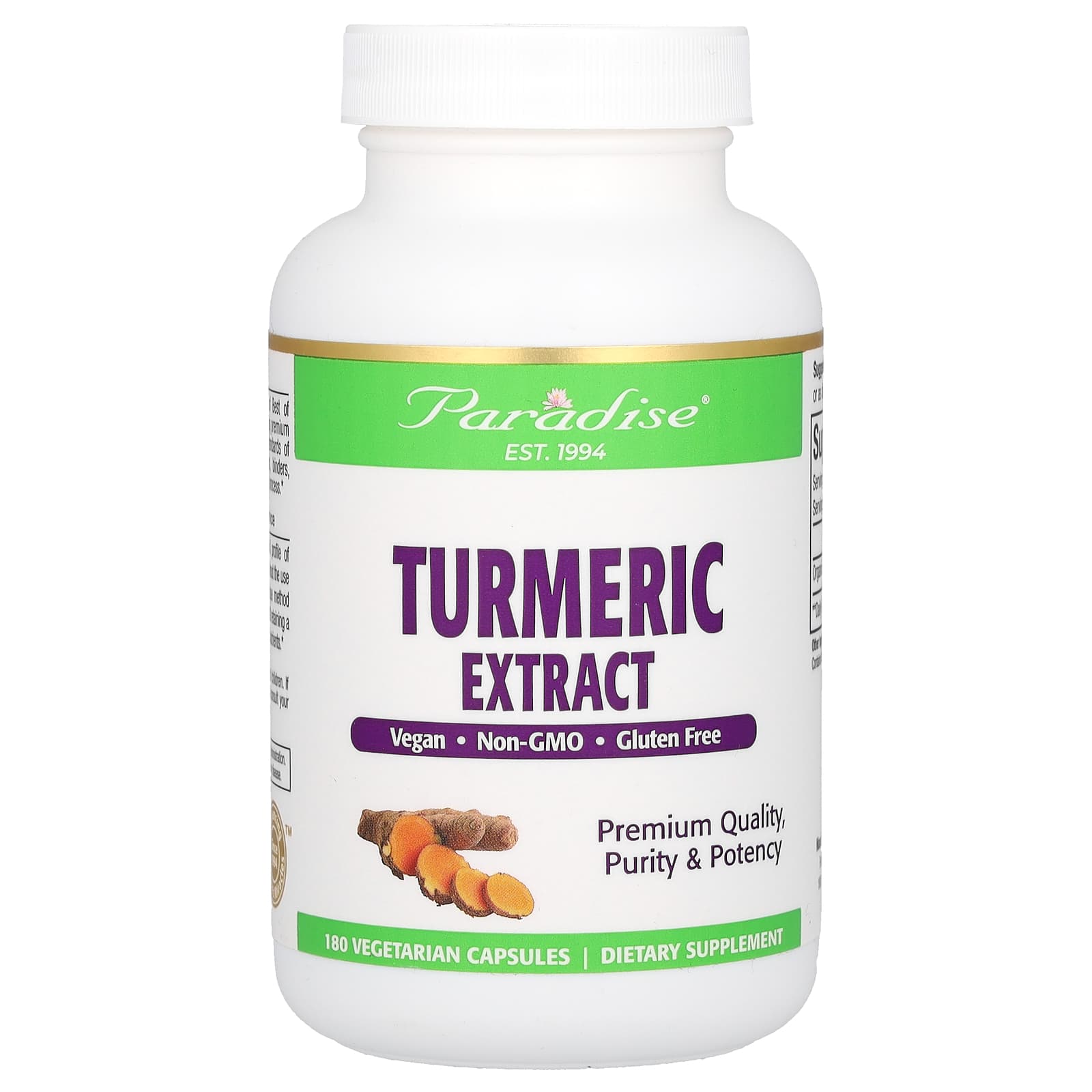 Paradise Herbs, Turmeric Extract, 500 mg, 180 Vegetarian Capsules - Image 1