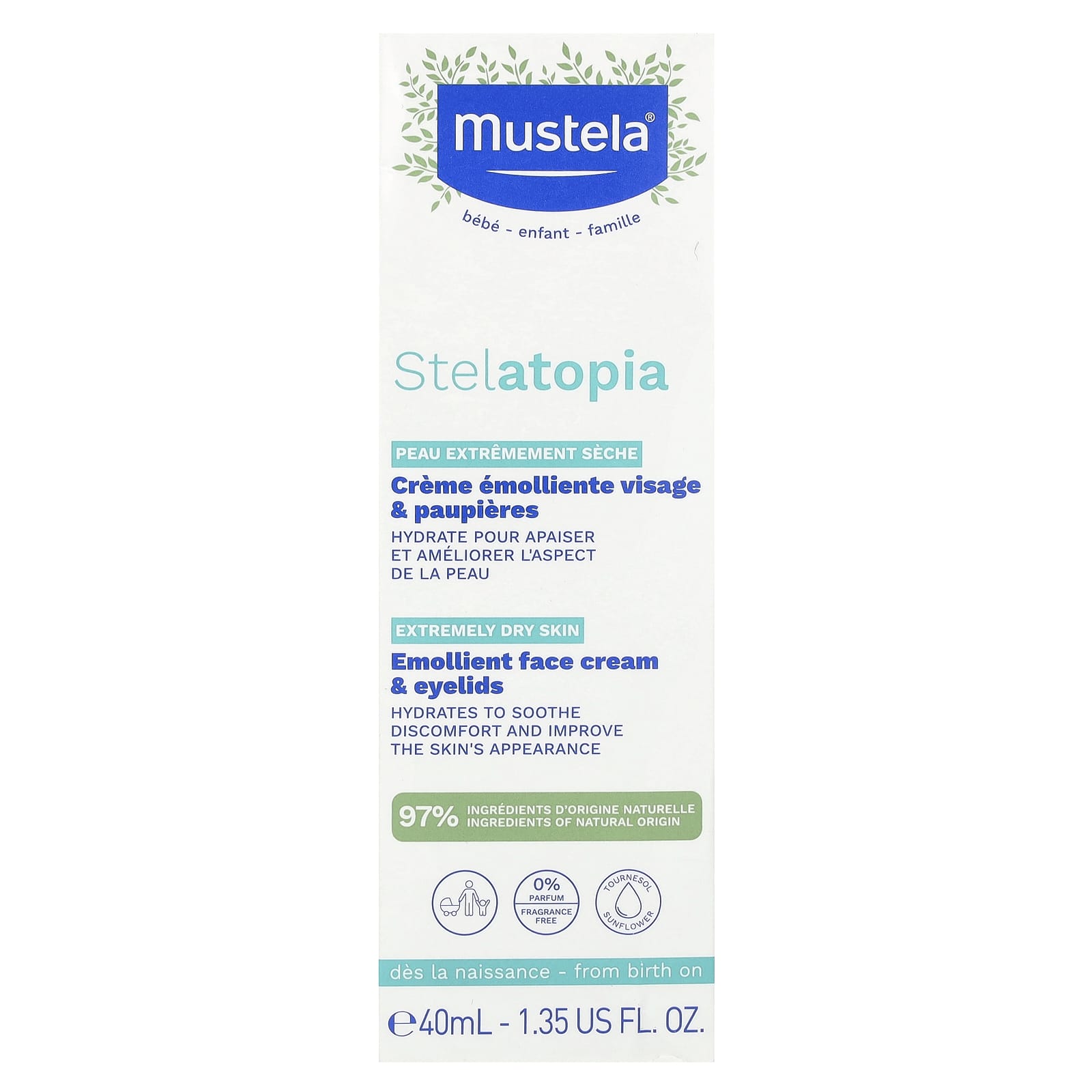 Mustela, Stelatopia Emollient Face Cream & Eyelids, Fragrance Free, 1.35 fl oz (40 ml) - Image 2