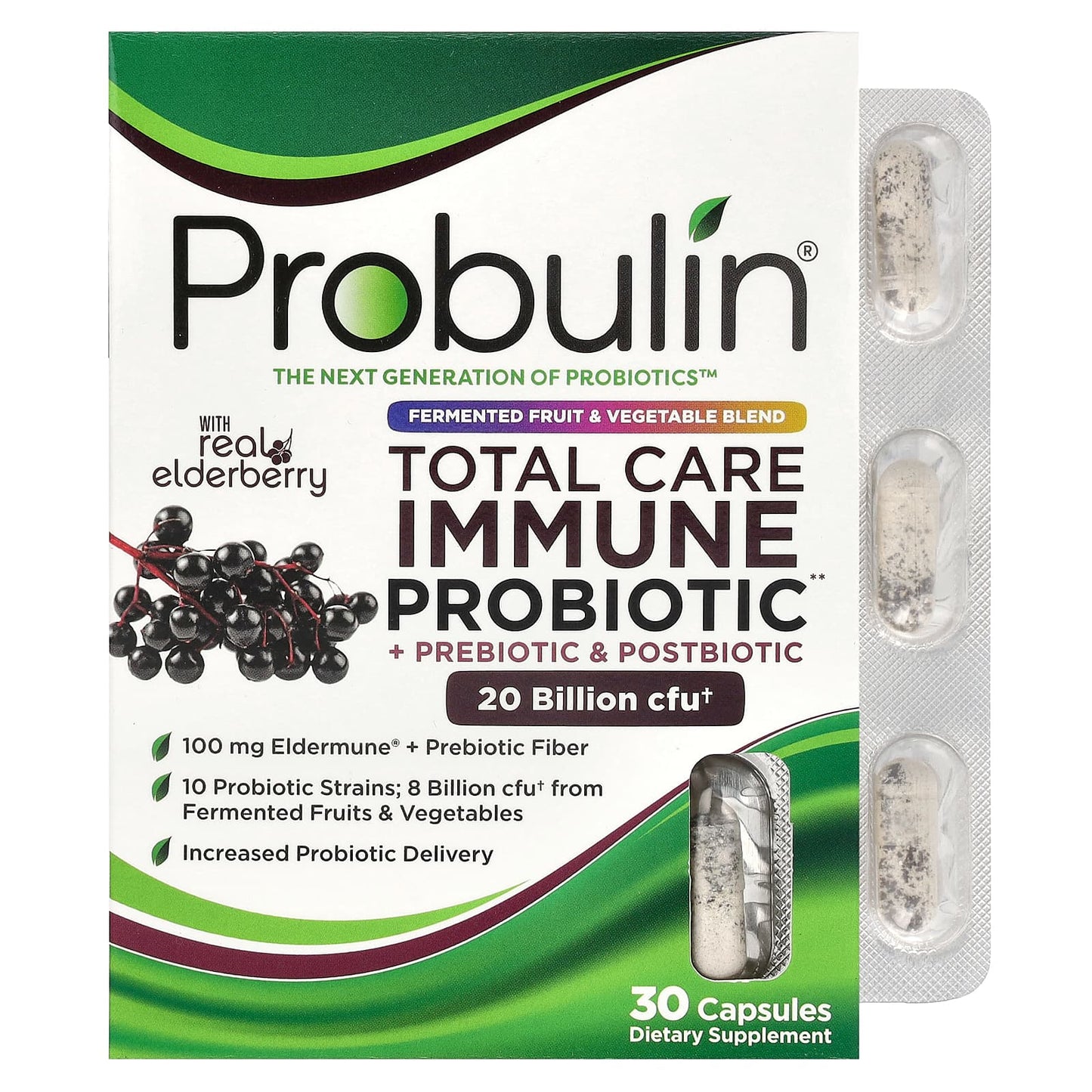 Probulin, Total Care Immune Probiotic + Prebiotic & Postbiotic with Real Elderberry, 20 Billion CFU, 30 Capsules - Image 1