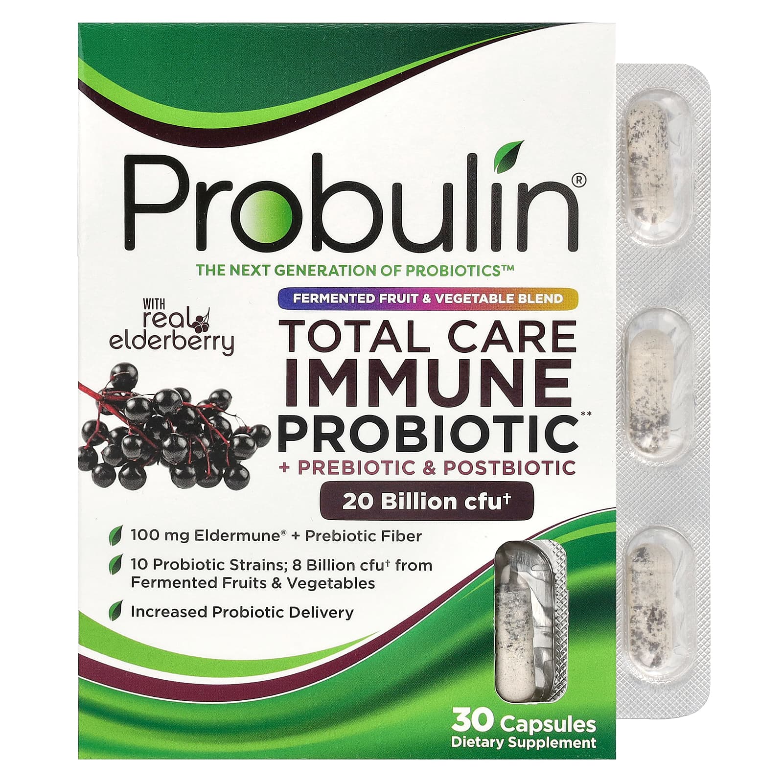 Probulin, Total Care Immune Probiotic + Prebiotic & Postbiotic with Real Elderberry, 20 Billion CFU, 30 Capsules - Image 1