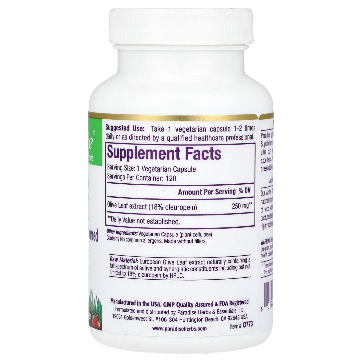 Paradise Herbs, Olive Leaf, 120 Vegetarian Capsules (250 mg per Capsule) - Image 2