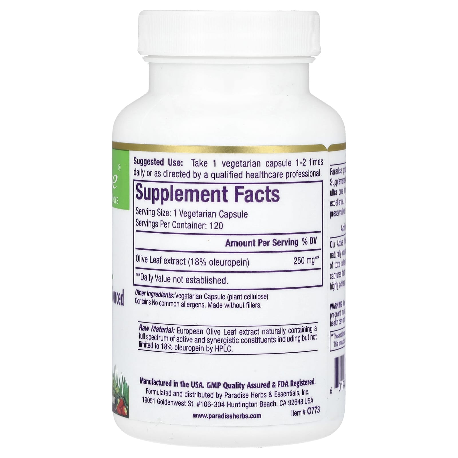Paradise Herbs, Olive Leaf, 120 Vegetarian Capsules (250 mg per Capsule) - Image 2