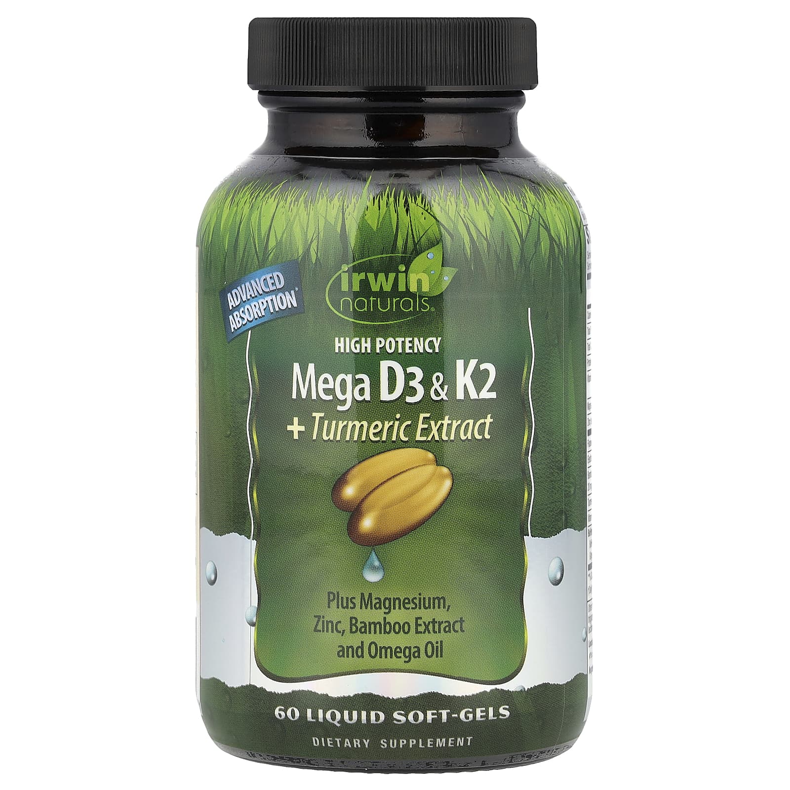 High Potency Mega D3 & K2 + Turmeric Liquid Soft-Gels for Bone Health - Image 1