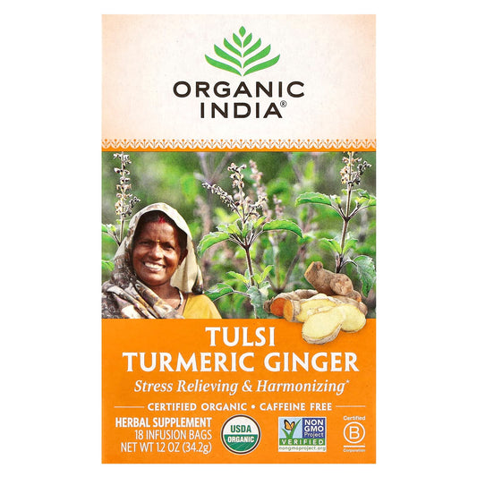 Organic India, Tulsi Tea, Turmeric Ginger, Caffeine-Free, 18 Infusion Bags, 1.2 oz (34.2 g) - Image 1