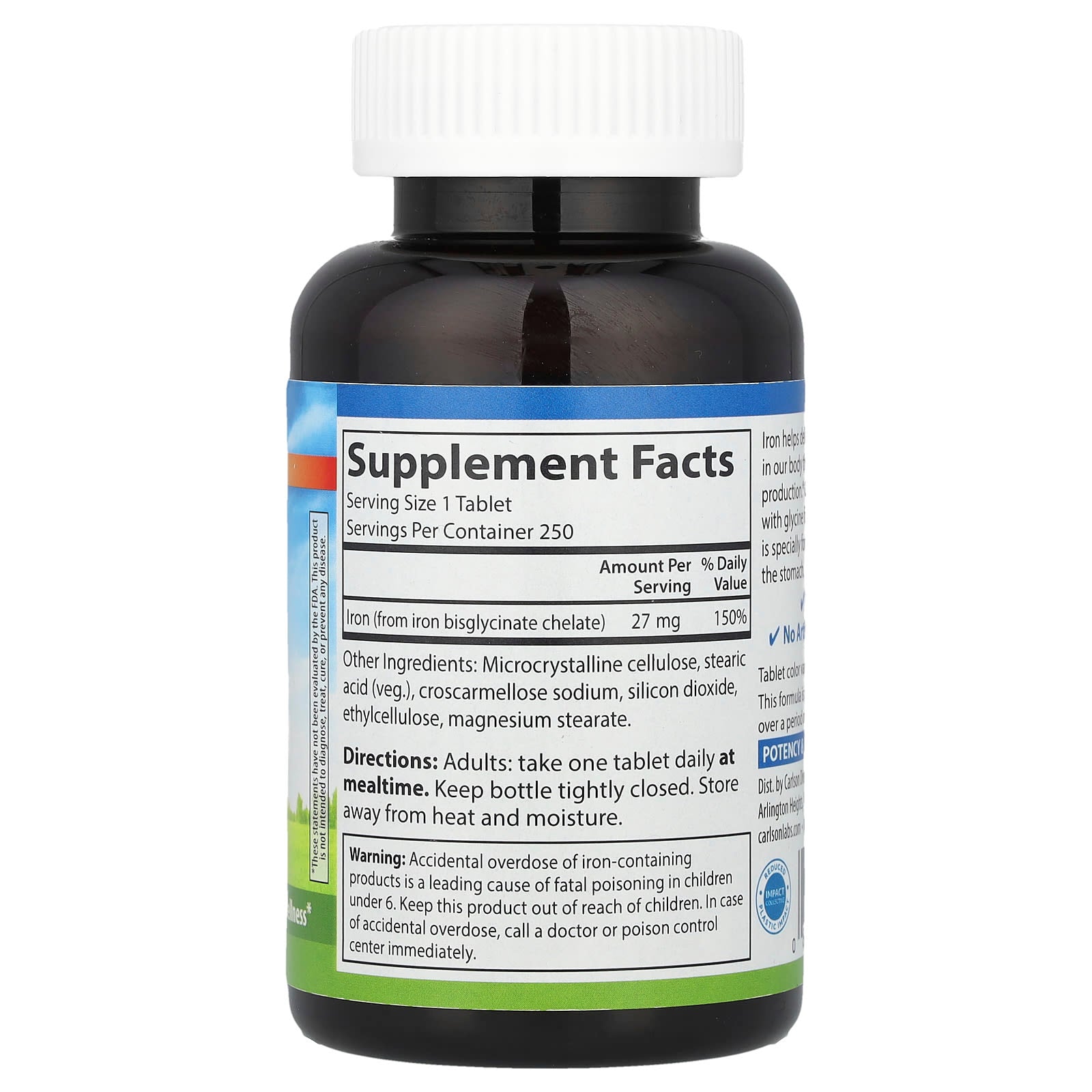 Carlson Chelated Iron Supplement for Energy & Blood Health - 27mg, 250 Tablets - Image 2