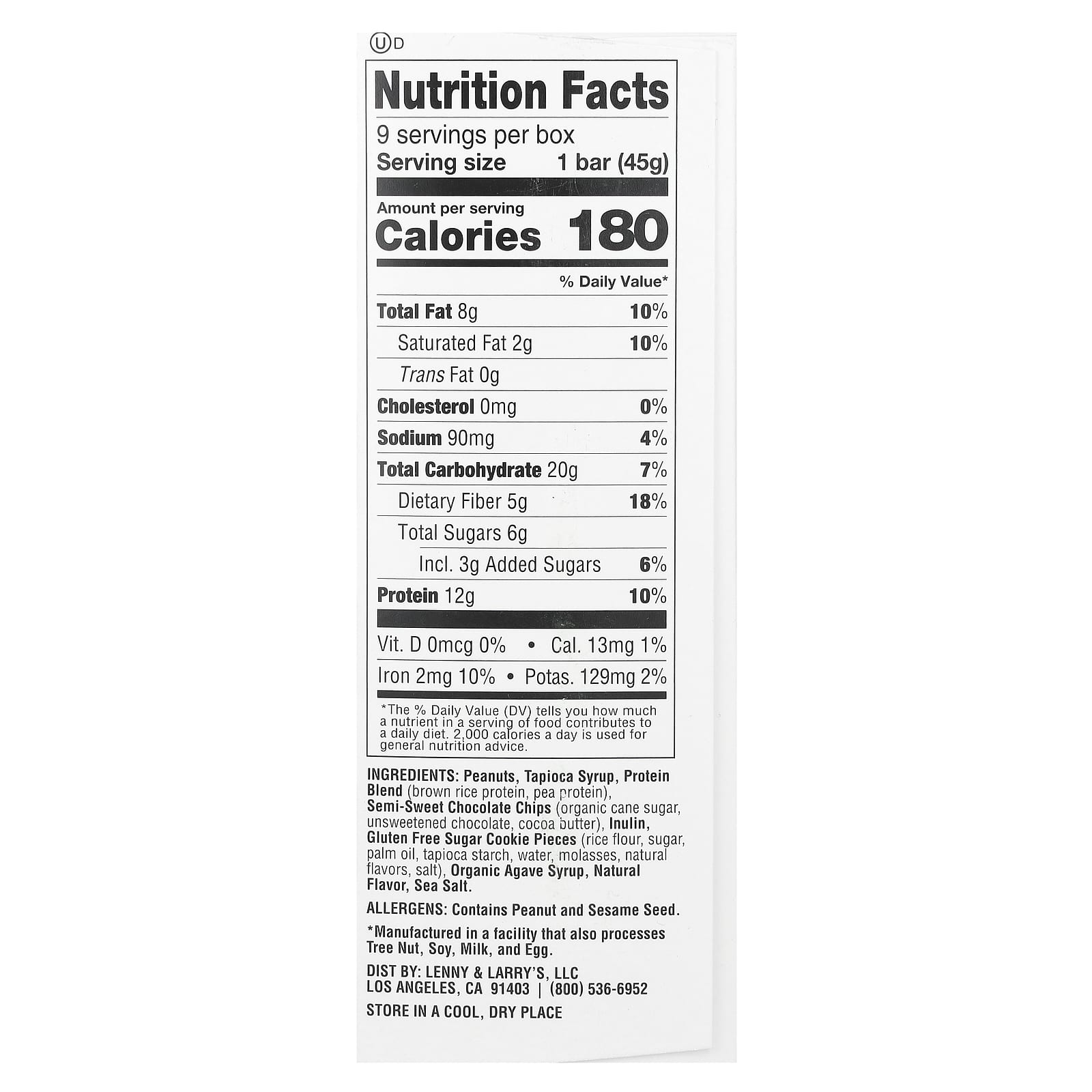 Lenny & Larry's, The Complete Cookie-Fied Bar®, Peanut Butter Chocolate Chip, 9 Bars, 1.59 oz (45 g) Each - Image 2
