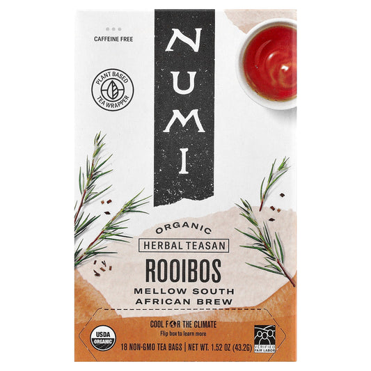 Numi Tea, Organic Herbal Teasan, Rooibos, Caffeine Free, 18 Non-GMO Tea Bags, 1.52 oz (43.2 g) - Image 1