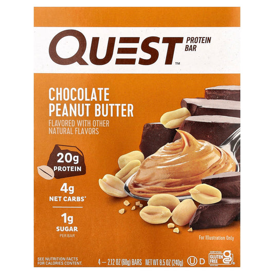 Quest Nutrition, Protein Bar, Chocolate Peanut Butter, 4 Bars, 2.12 oz (60 g) Each - Image 1