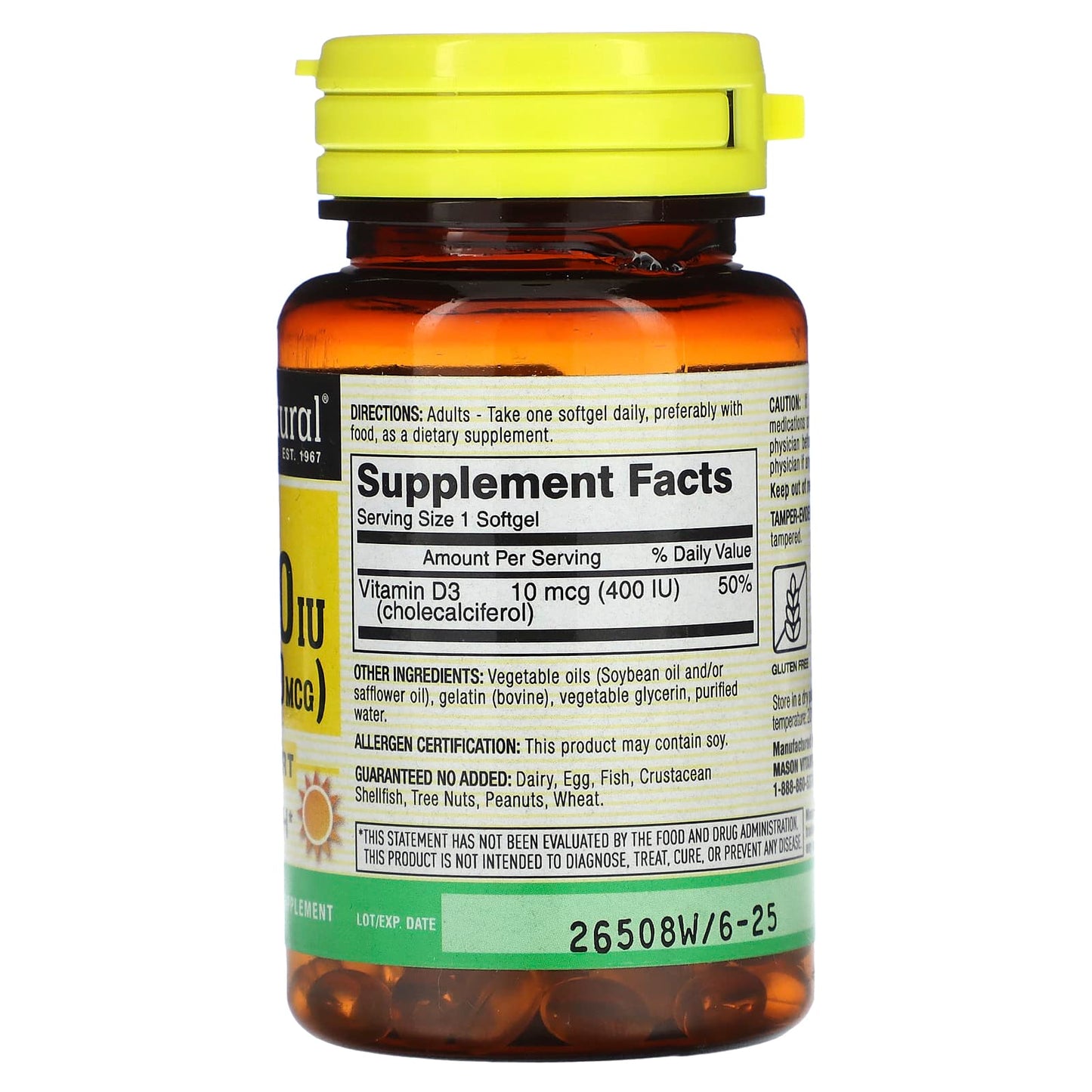 Mason Natural, Vitamin D3, 10 mcg (400 IU), 100 Softgels - Image 2
