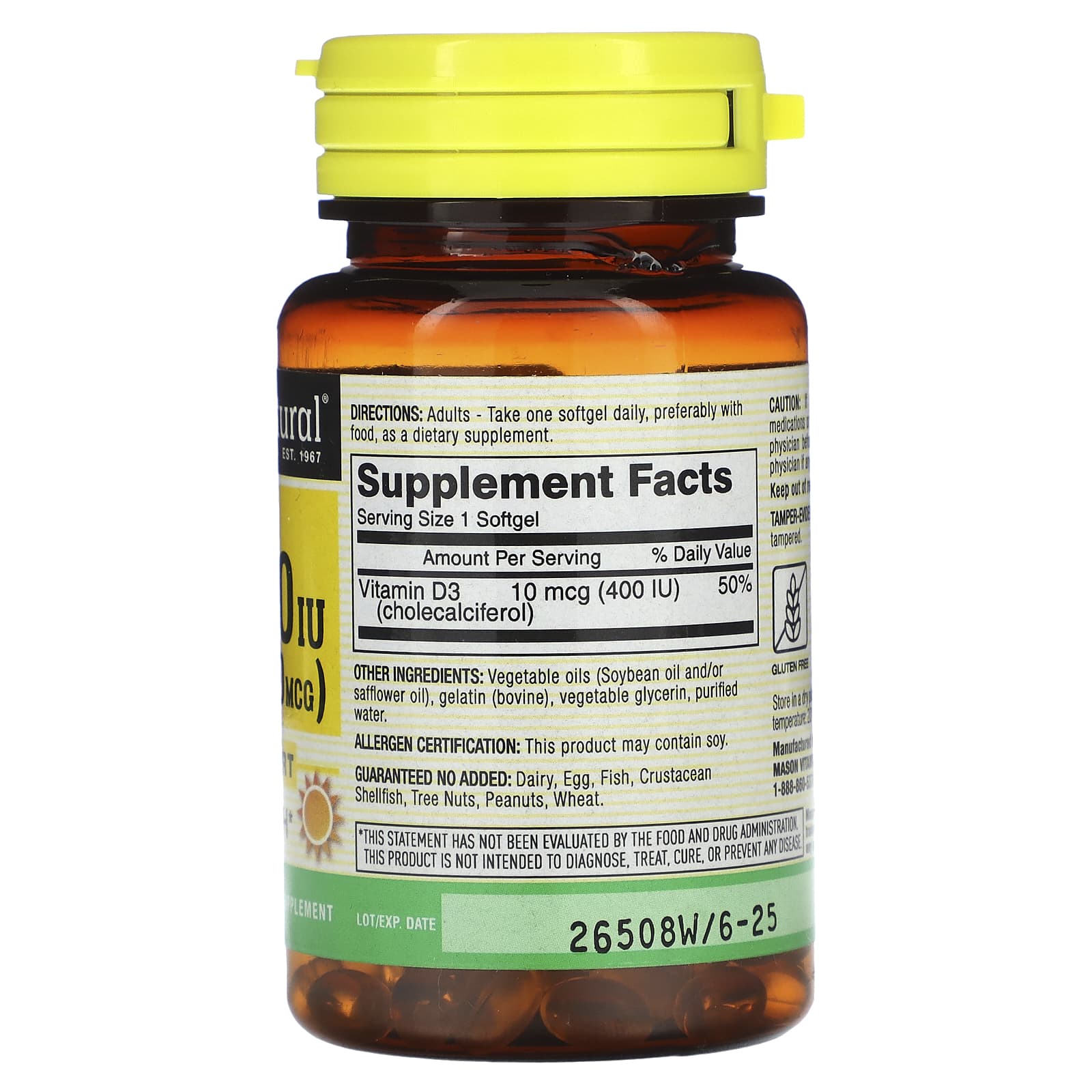 Mason Natural, Vitamin D3, 10 mcg (400 IU), 100 Softgels - Image 2
